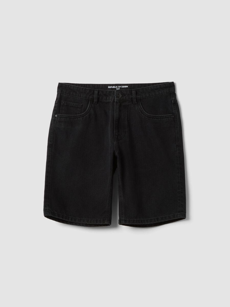 Black denim cotton blend slim fit shorts_4