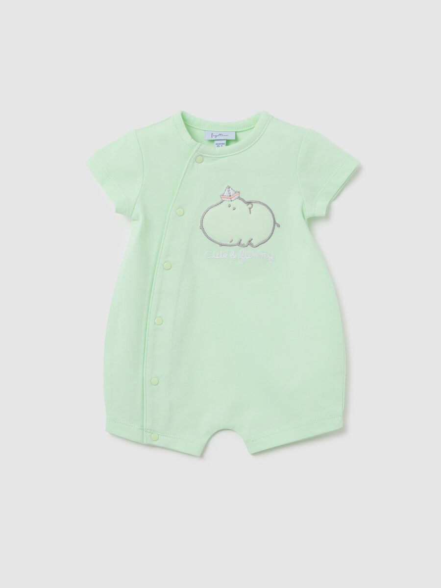 Short green onesie with hippopotamus print_0