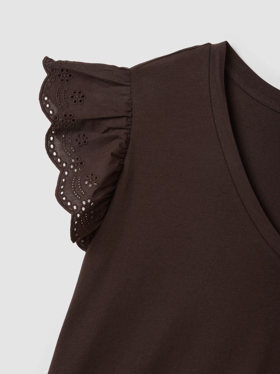 Brown stretch cotton T-shirt with ruffle sleeves, regular fit_5