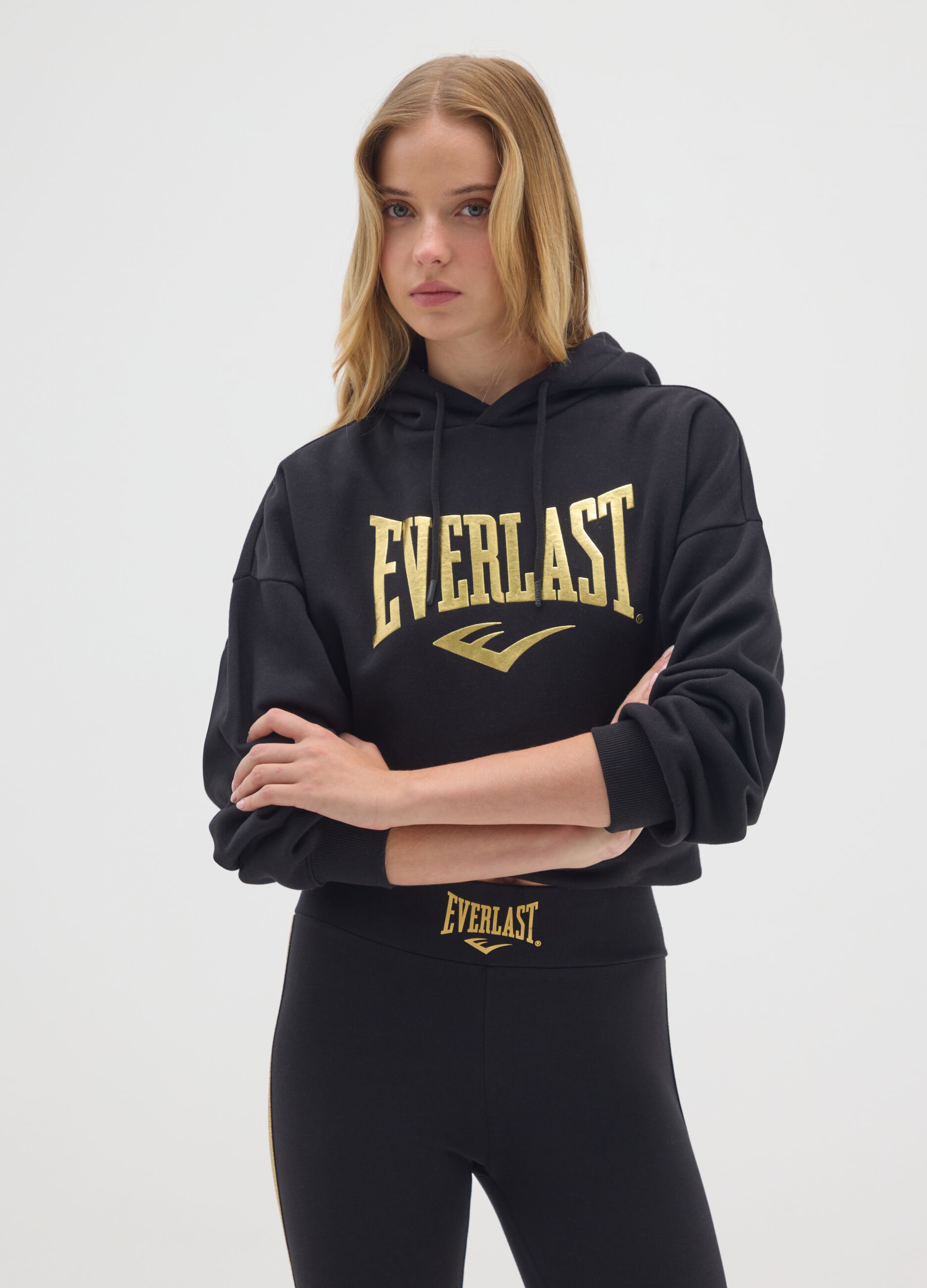 Black cotton blend hoodie with Everlast print