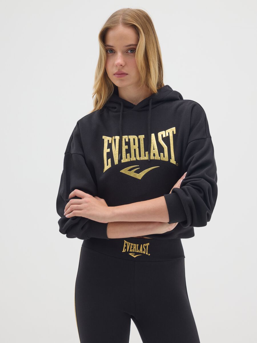 Black cotton blend hoodie with Everlast print_0