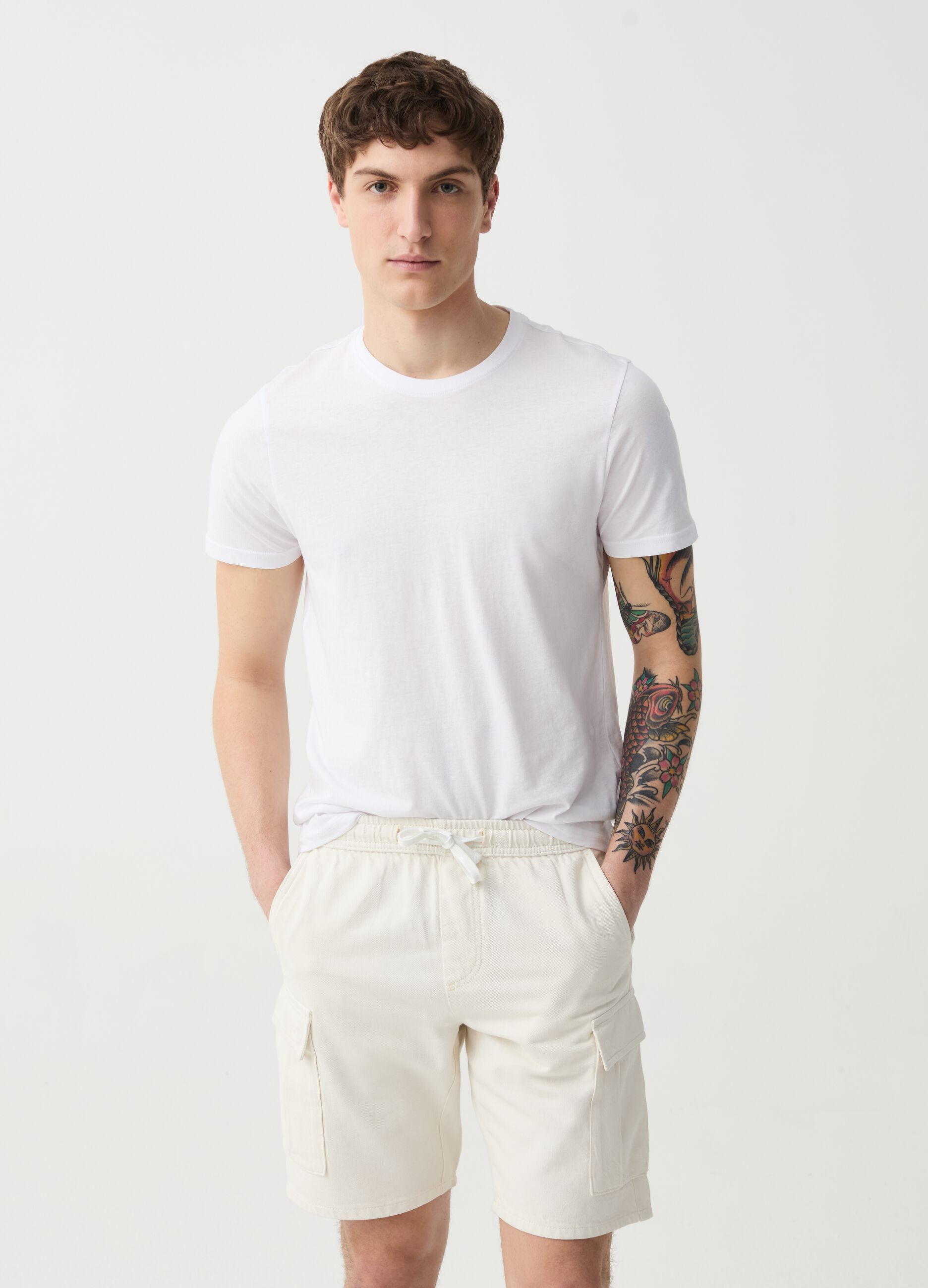 Denim Bermuda cargo shorts with drawstring