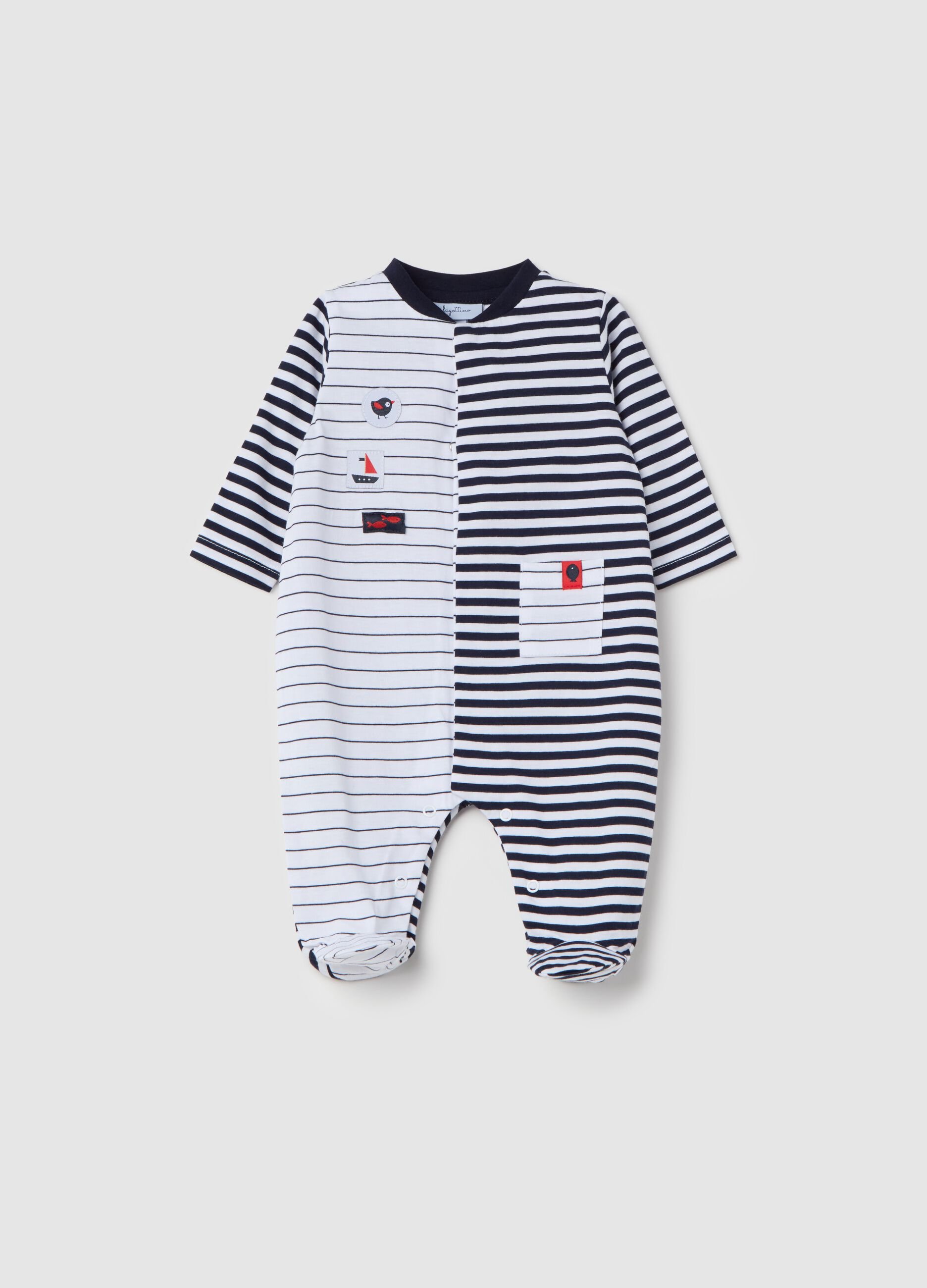 Onesie in striped cotton with feet