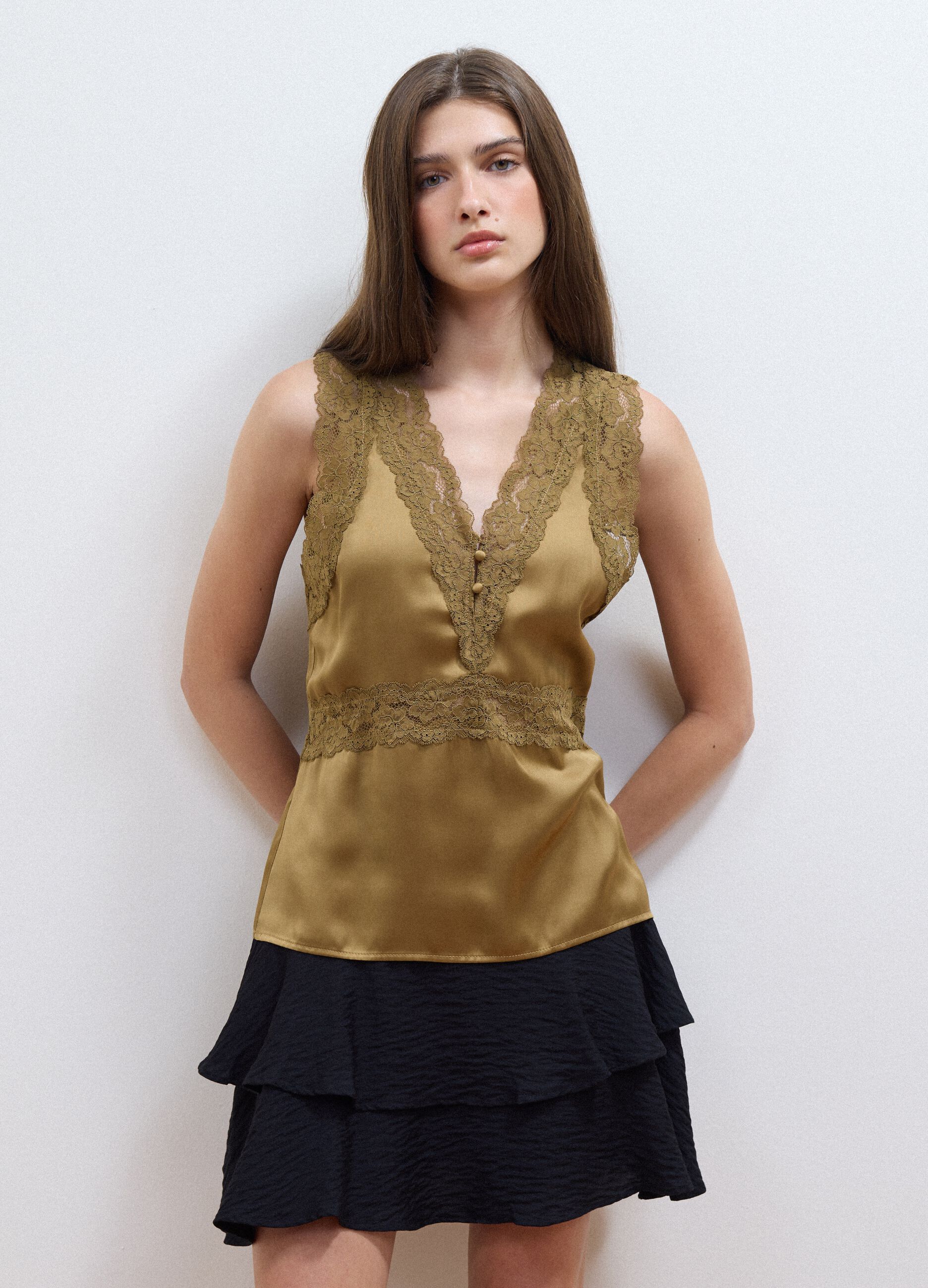 Brown viscose-blend lace top