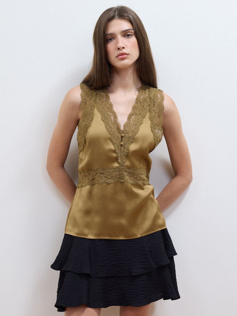 Brown viscose-blend lace top_0