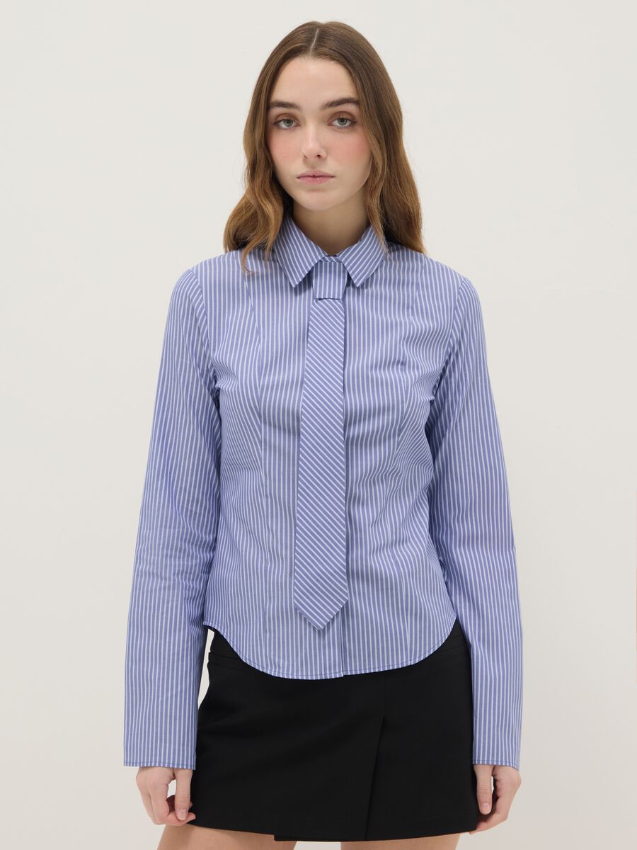Blue striped slim fit pure cotton shirt_0