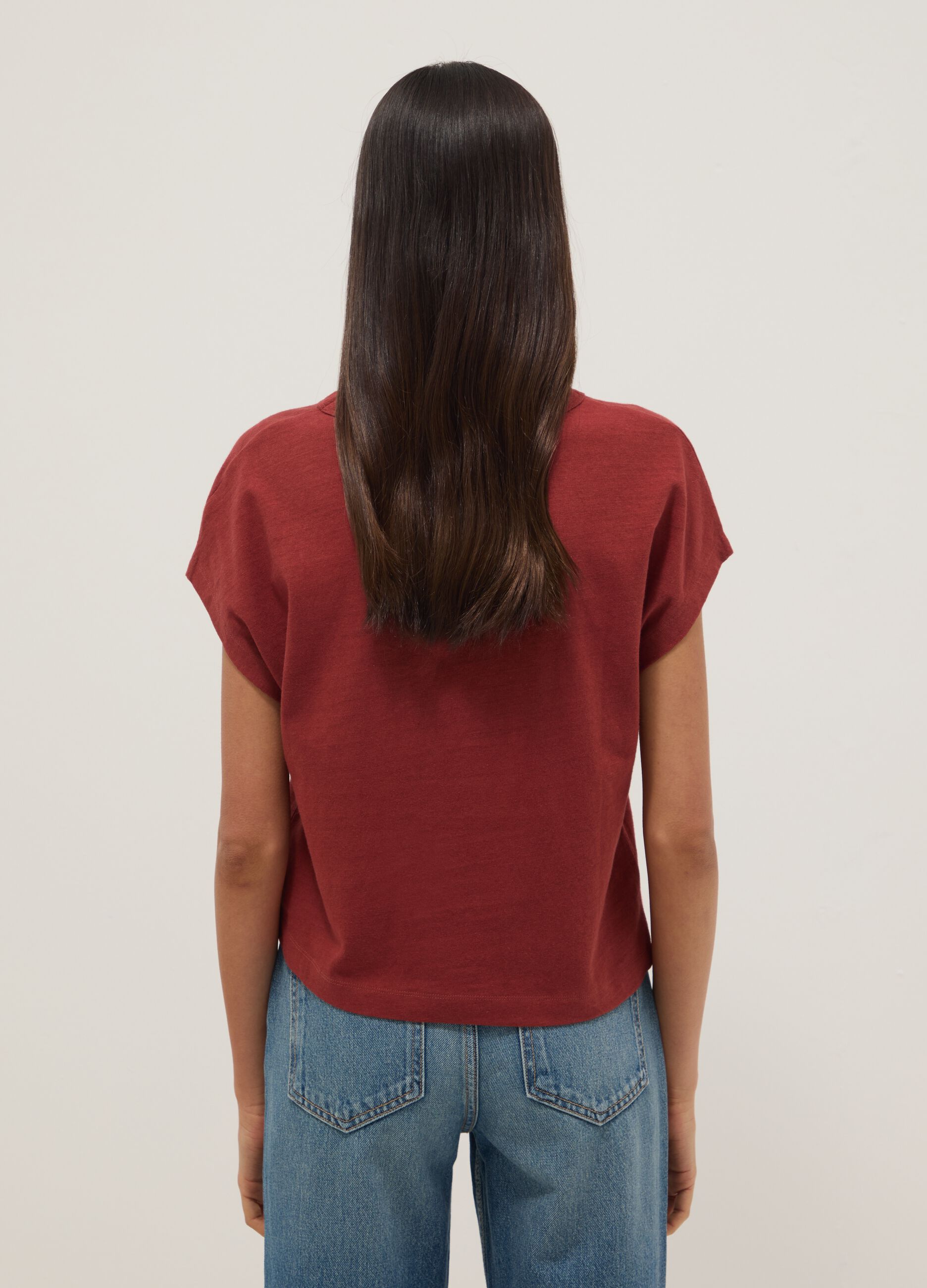 Red cotton-linen blend short-sleeve T-shirt, regular fit