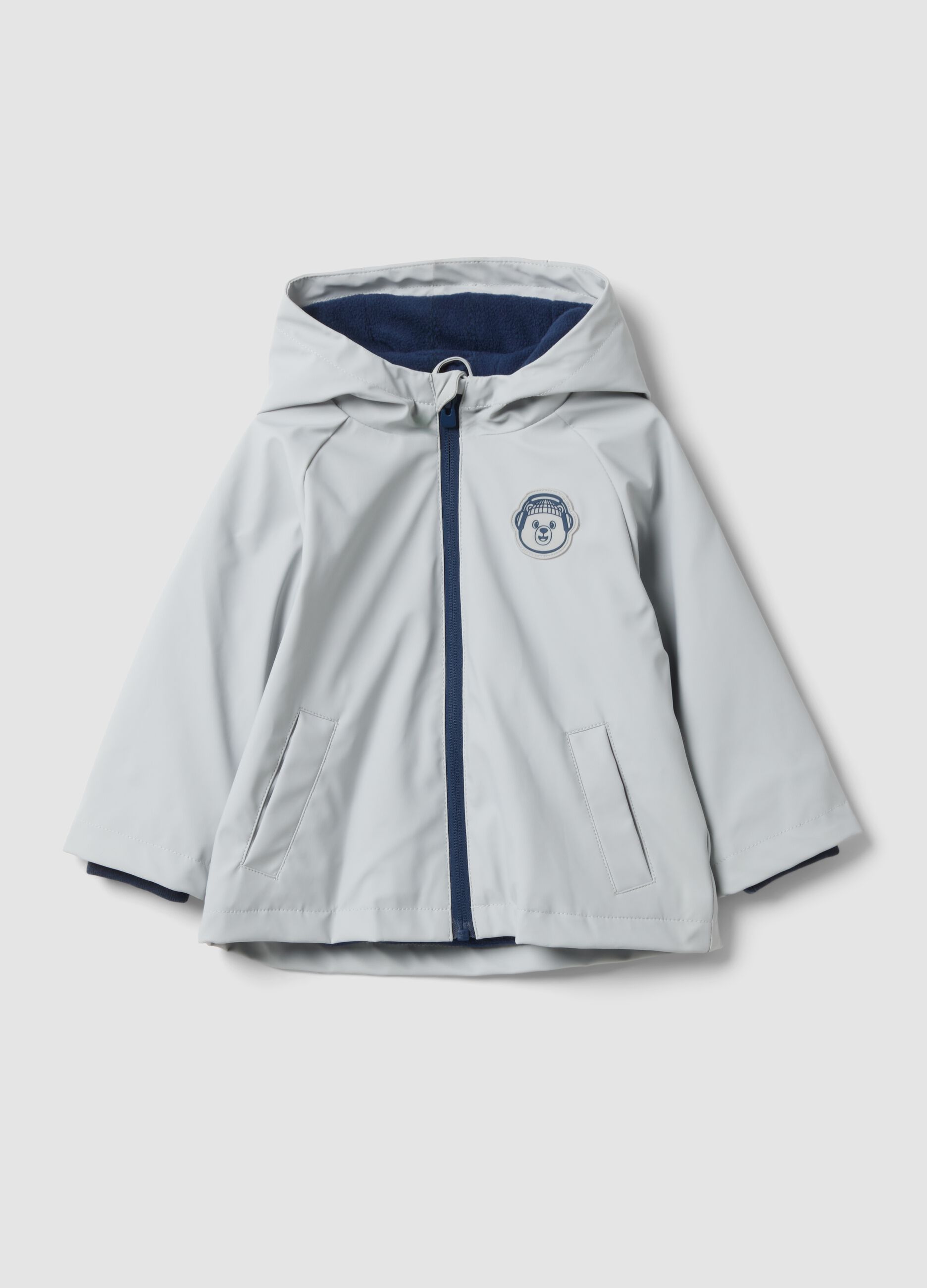 Grey water-repellent hooded zip jacket for baby boy