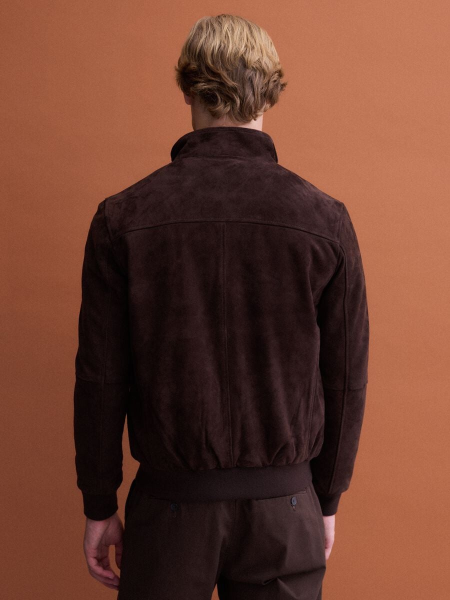 Brown genuine leather bomber jacket with zip_4