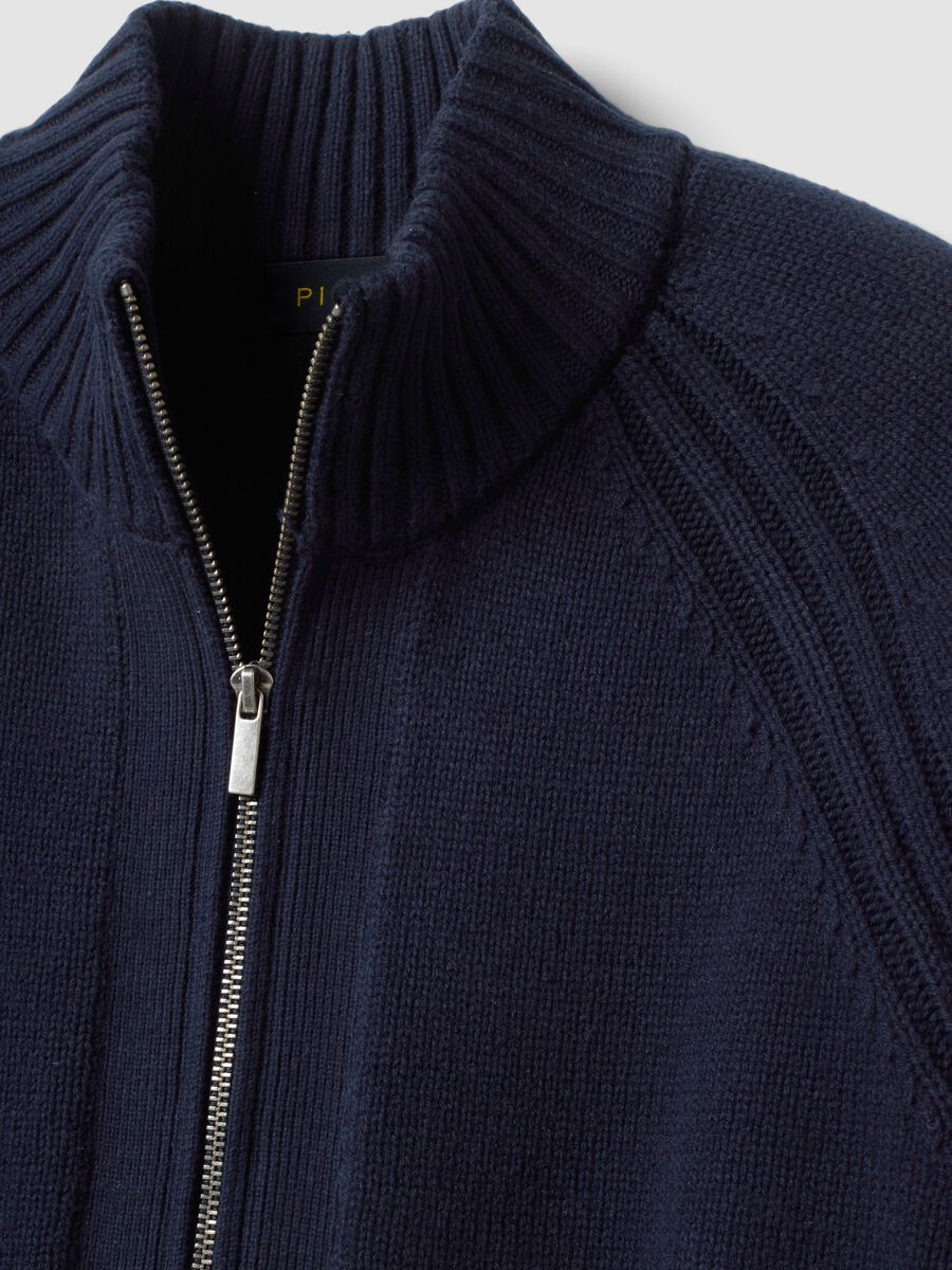 Cardigan blu con colletto in misto cotone_5