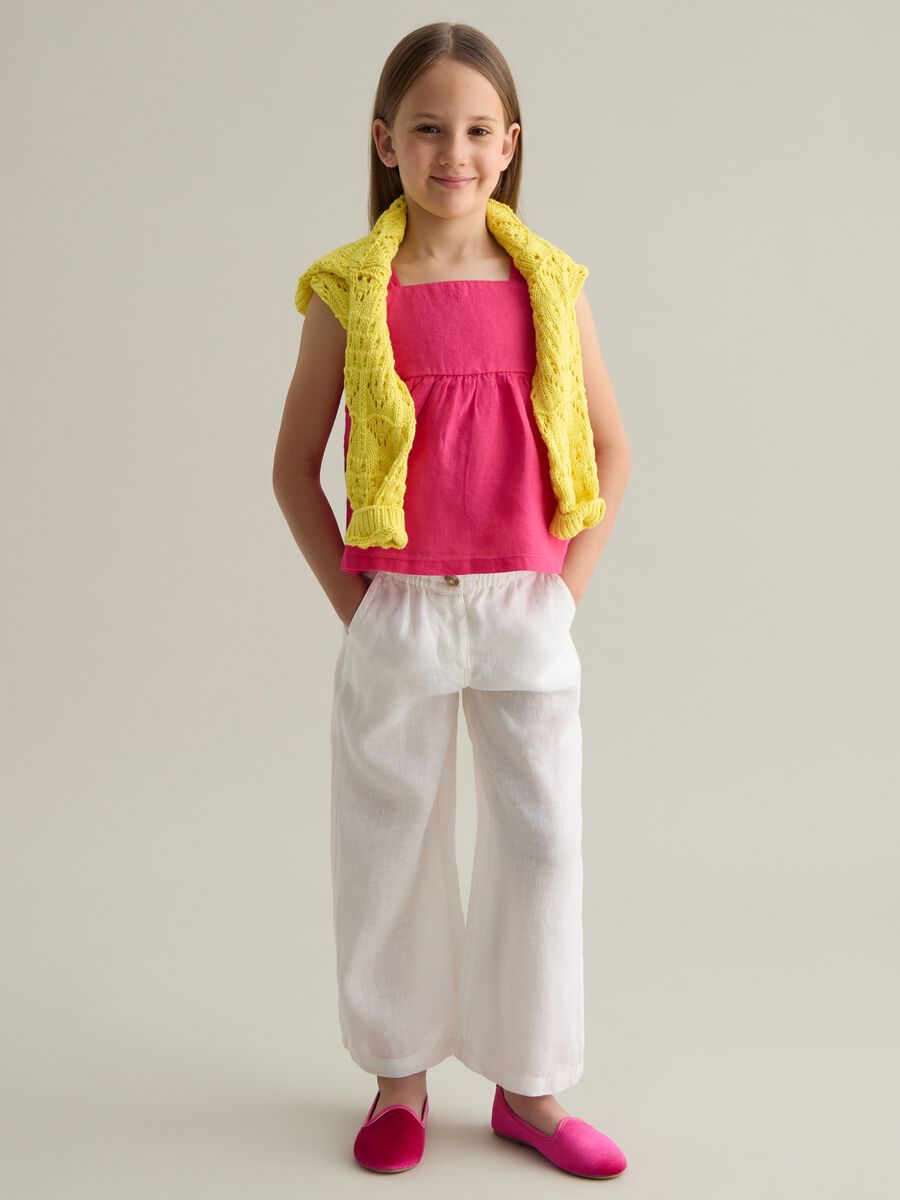 Girls' pure white linen wide leg trousers_1