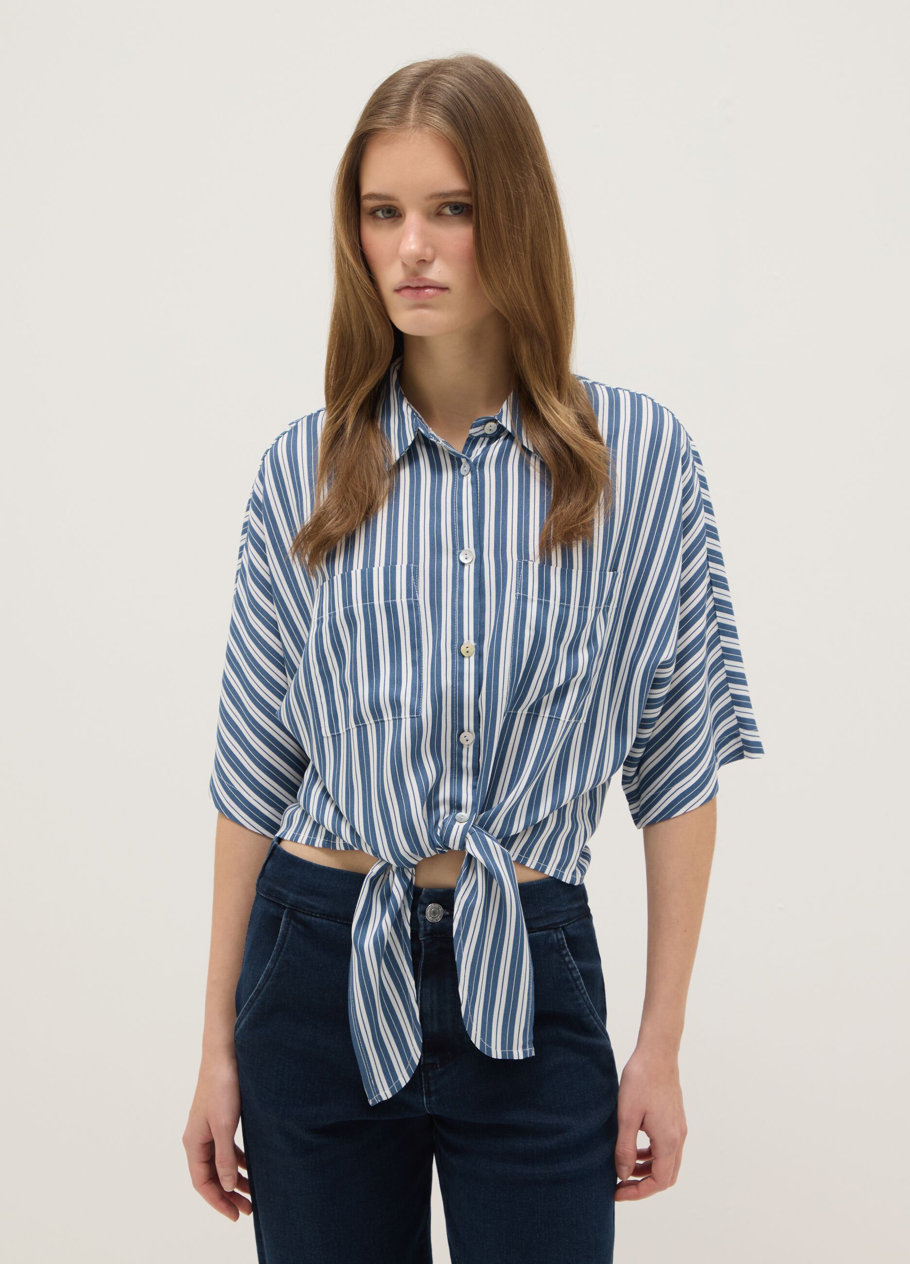 Multicolour striped regular fit pure viscose shirt