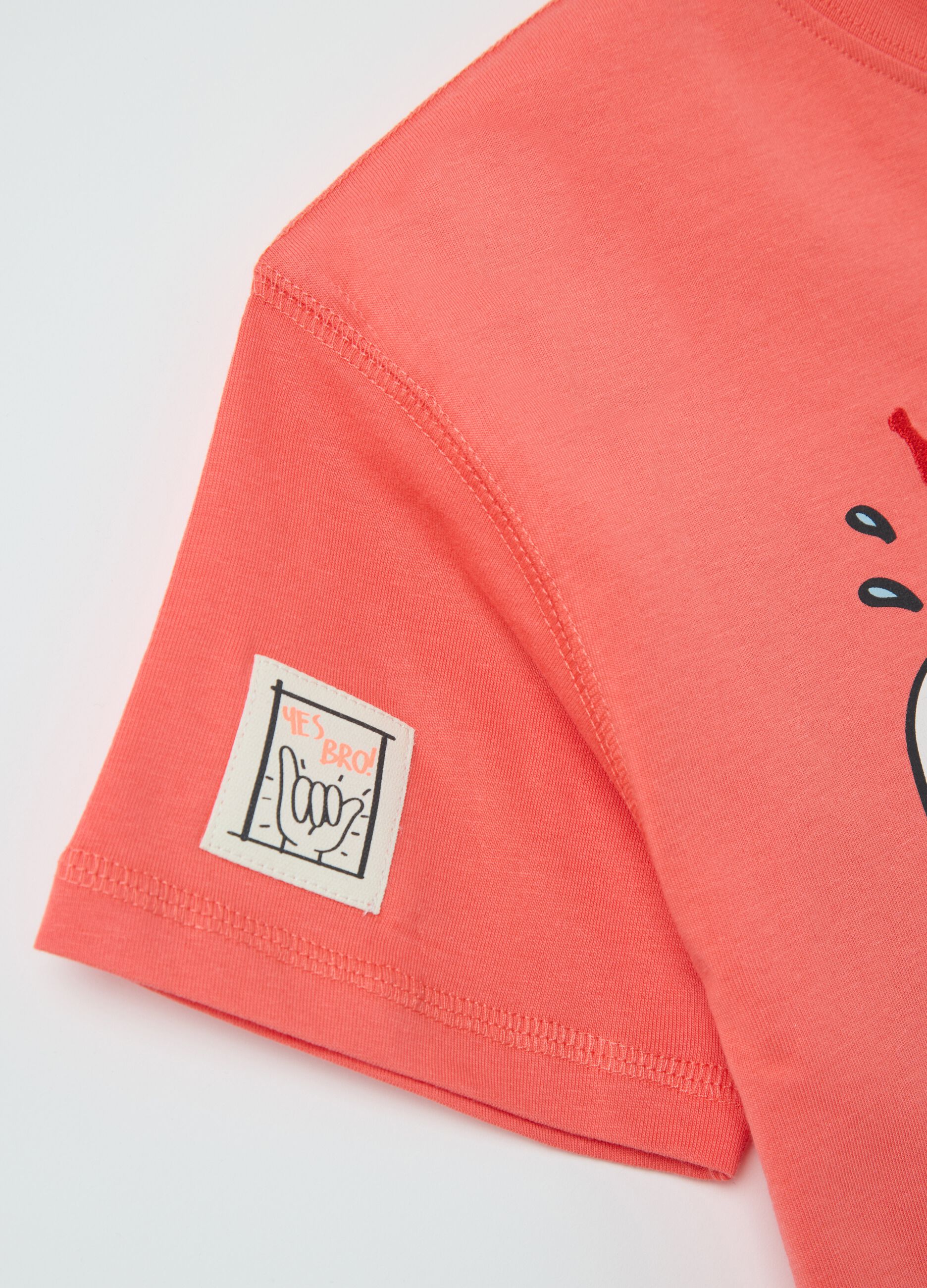 Pink T-shirt in cotton with sun surfer print and embroidery