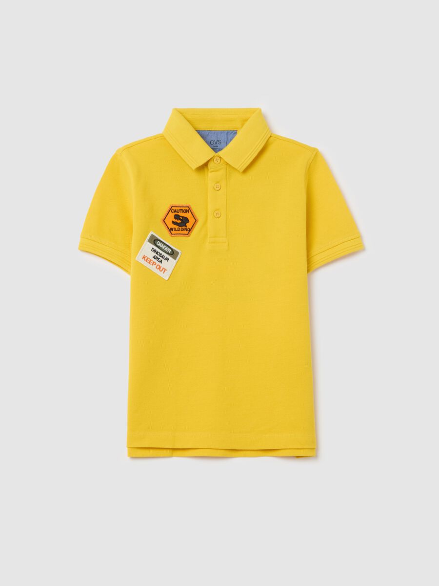 Piquet polo shirt with patch and "Going to Discover" print_0