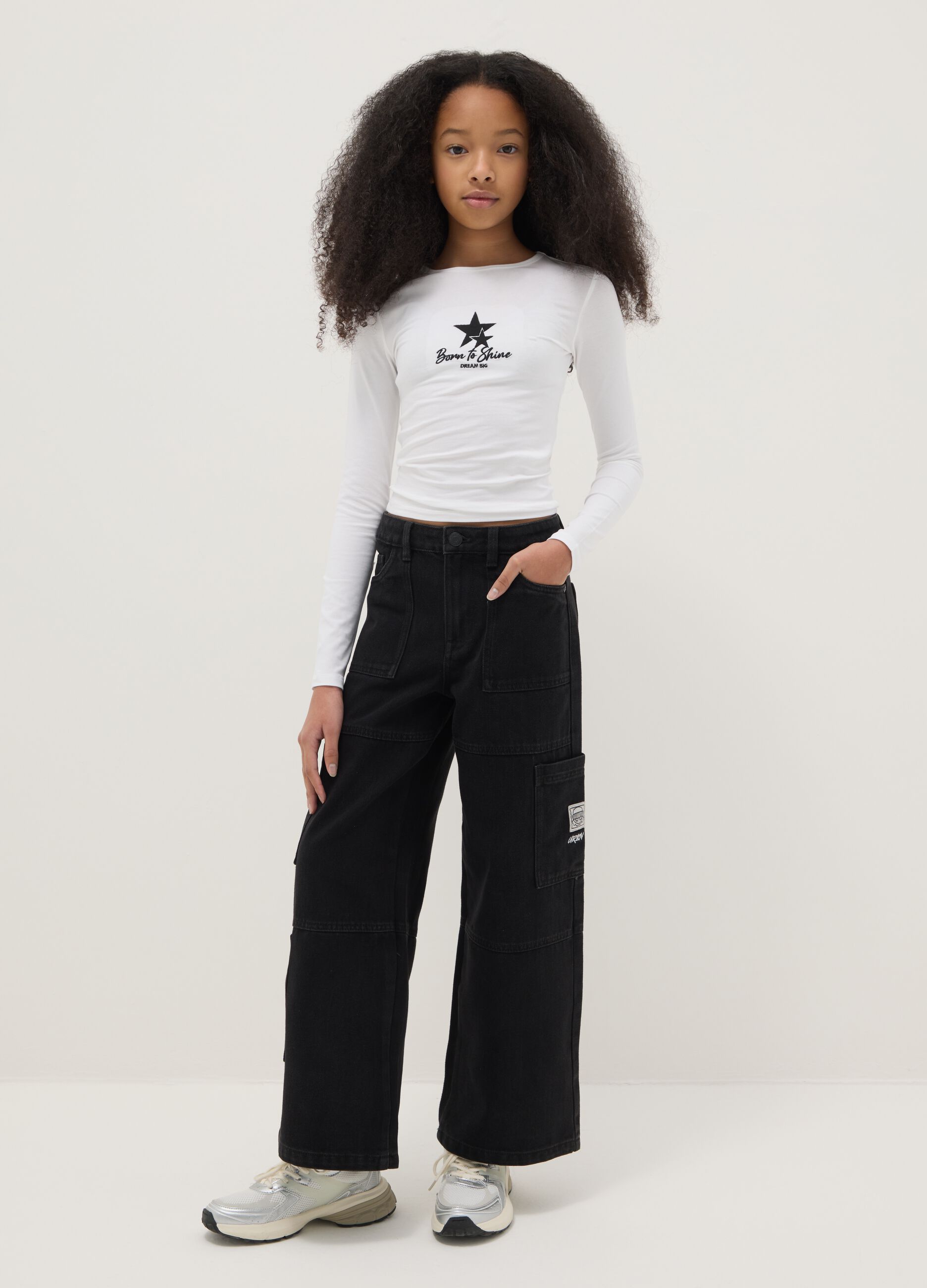 Black cotton blend cargo trousers for girls regular fit