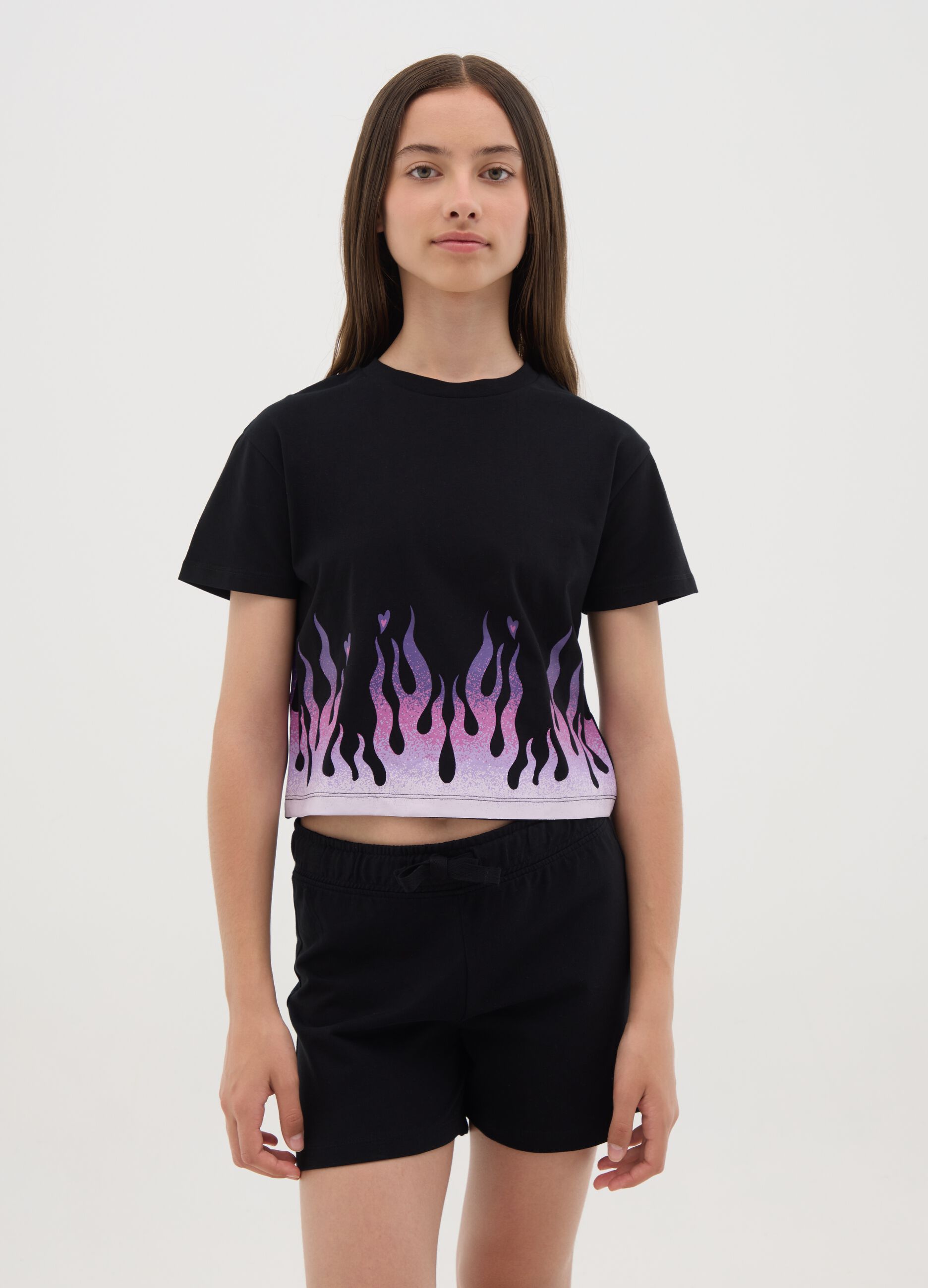 Crop T-shirt with flames print