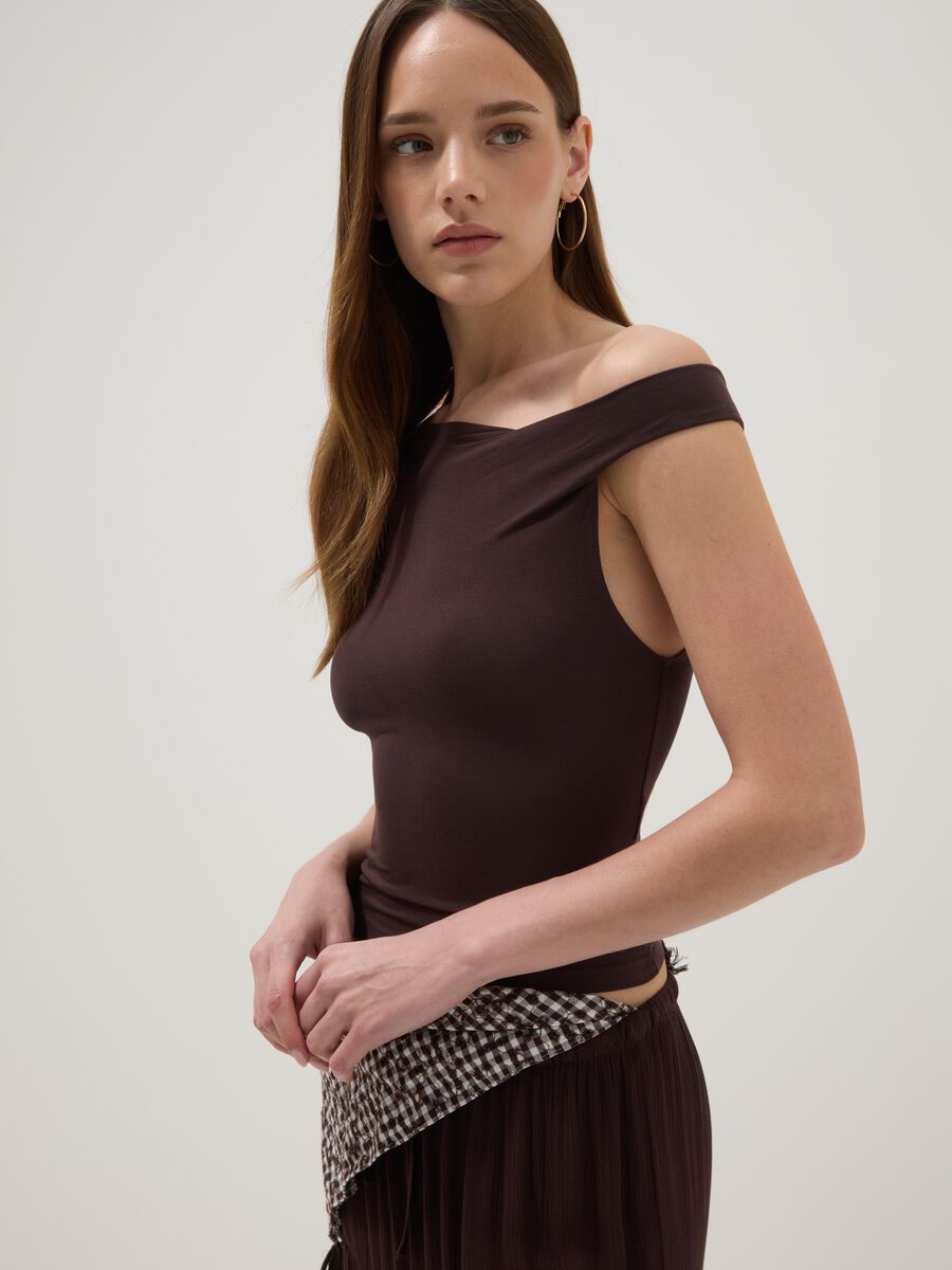 Brown stretch viscose T-shirt with Bardot neckline_0