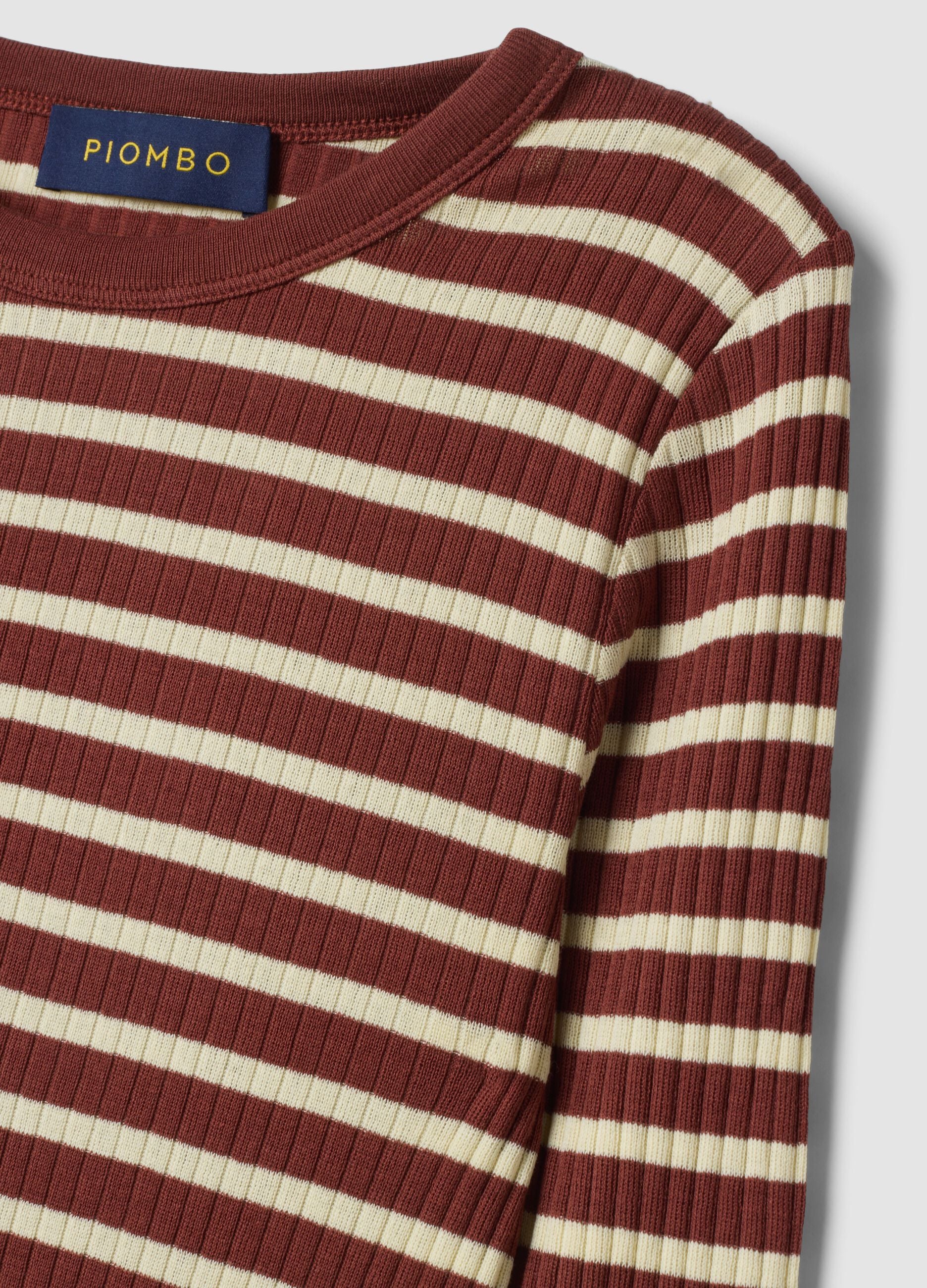 Brown striped pure cotton ribbed regular-fit T-shirt