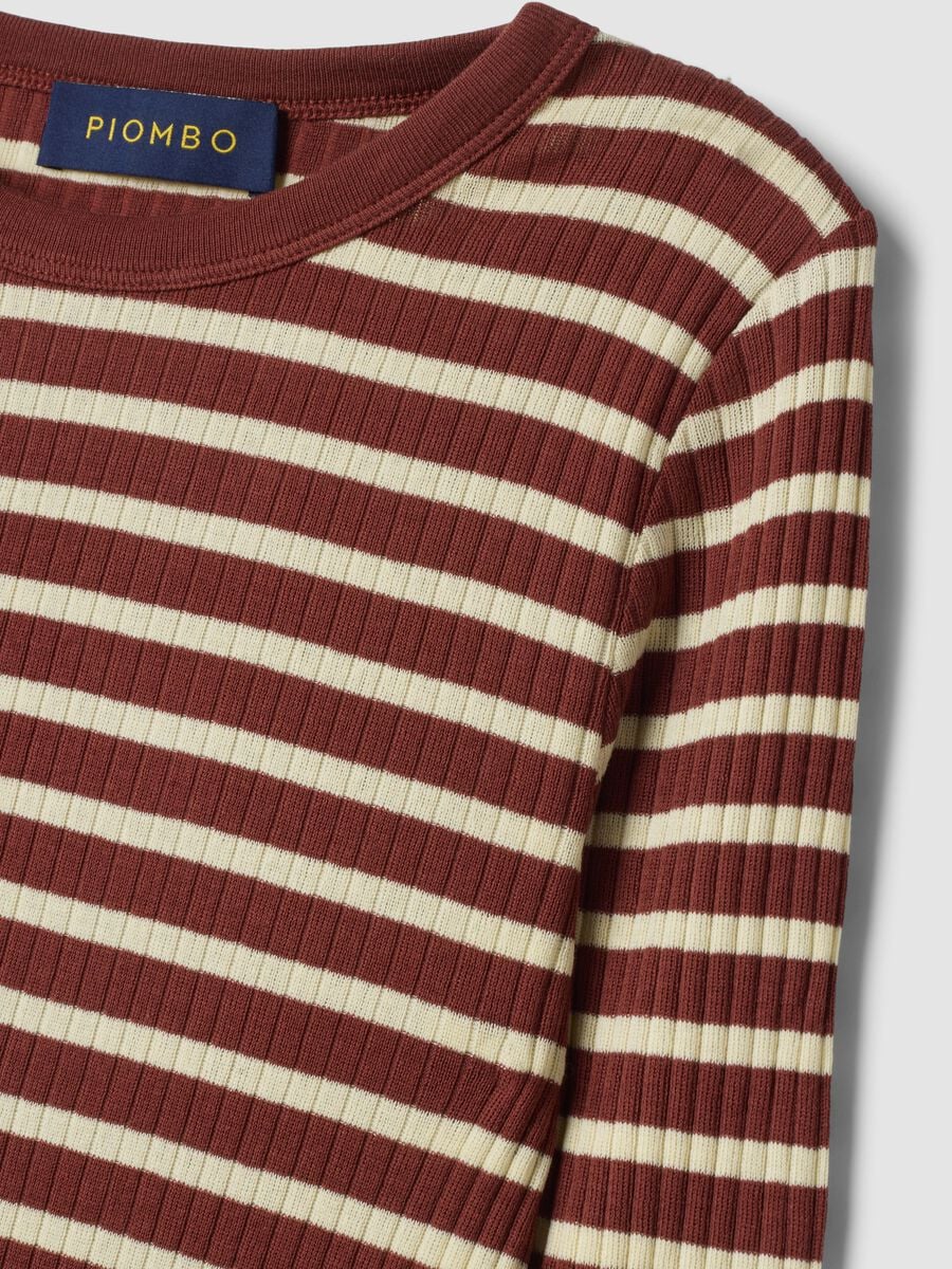 T-shirt marrone a righe in puro cotone a coste regular fit_1