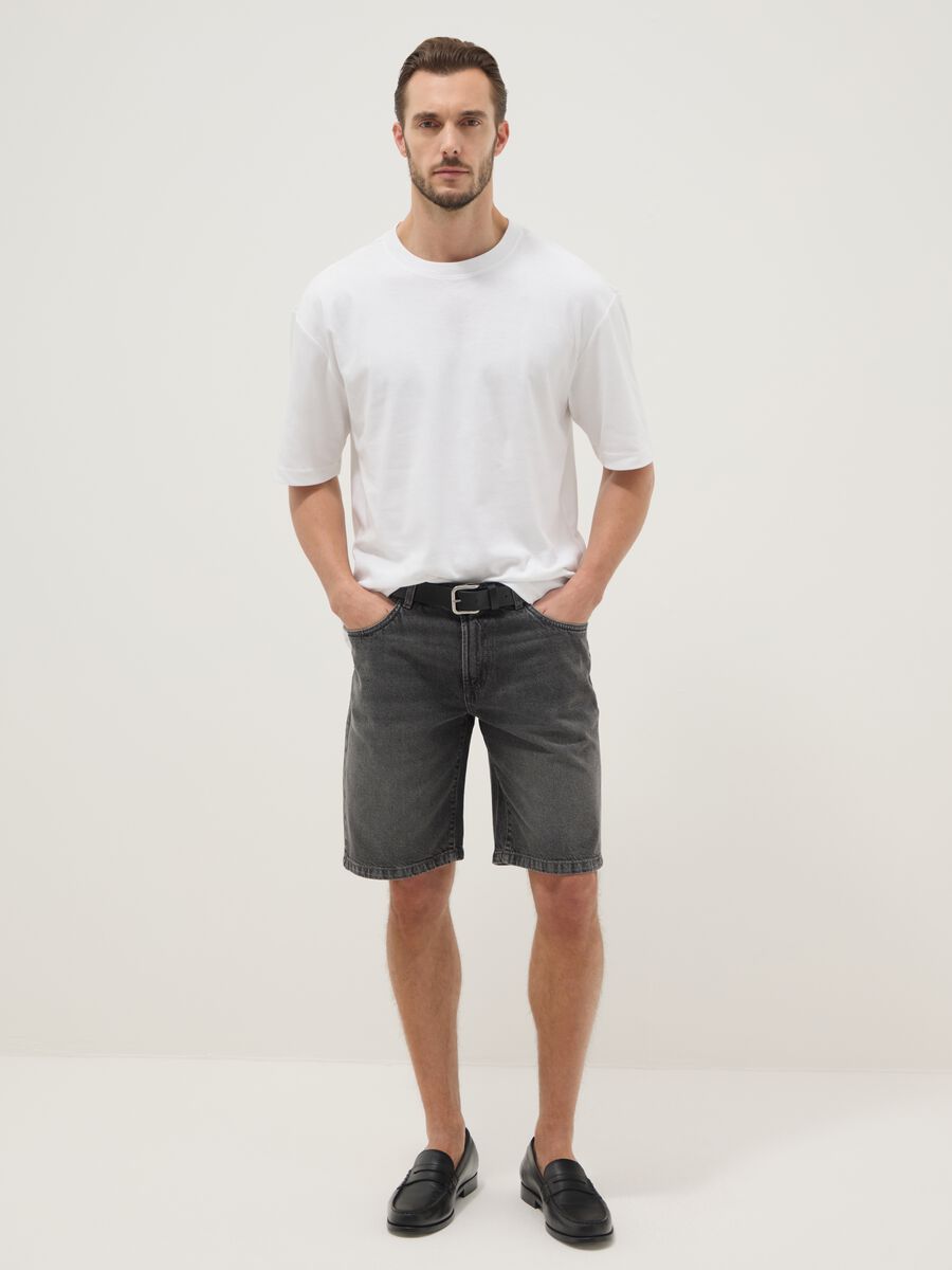 Grey denim Bermuda shorts in pure cotton, regular fit_0