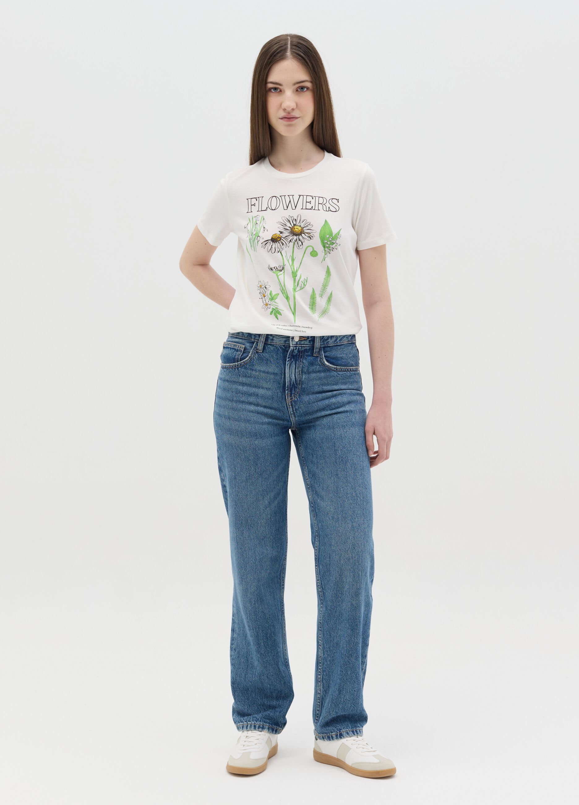 White cotton T-shirt with flowers print