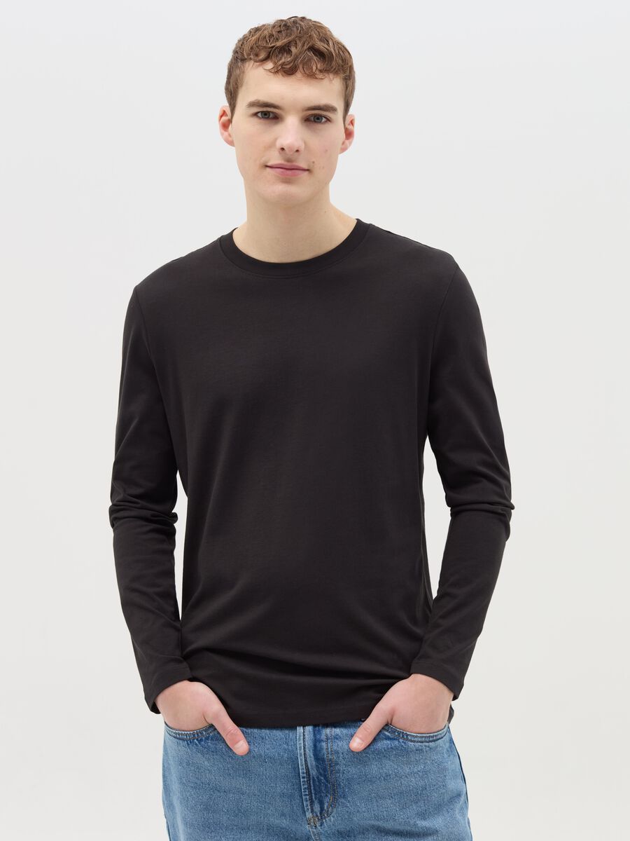 T-shirt with round neck and long sleeves in cotton_0