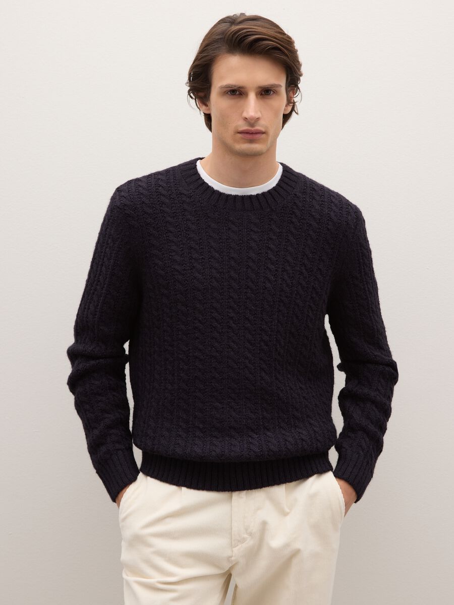 Blue crew neck jumper with jacquard pattern regular fit_1