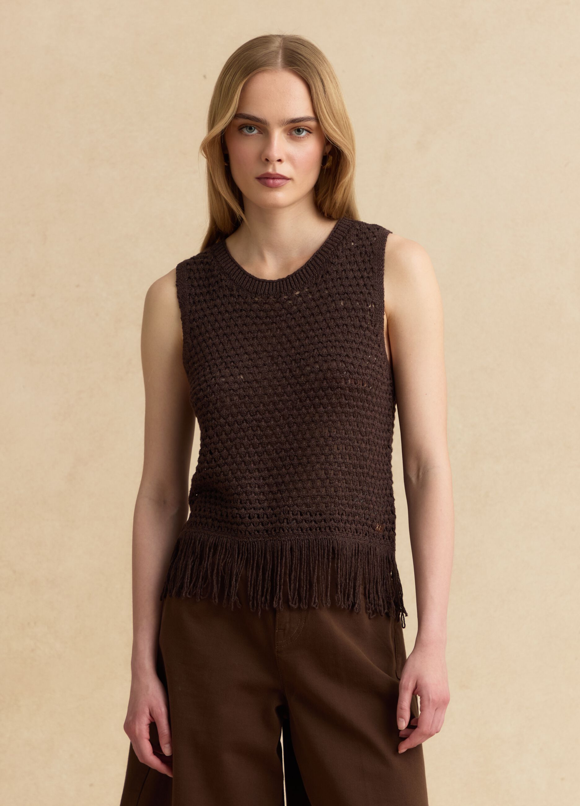 Brown open-knit viscose-blend top with fringes