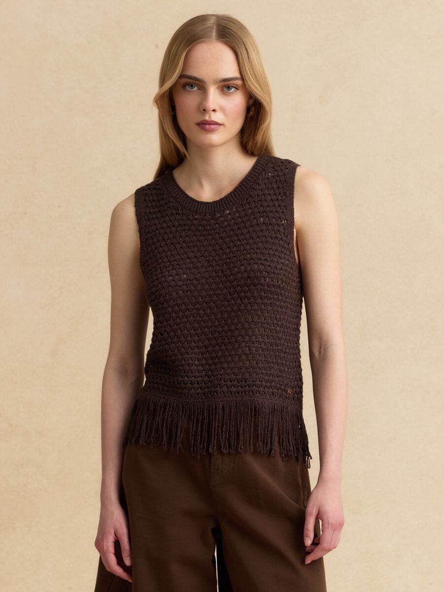 Brown open-knit viscose-blend top with fringes_0