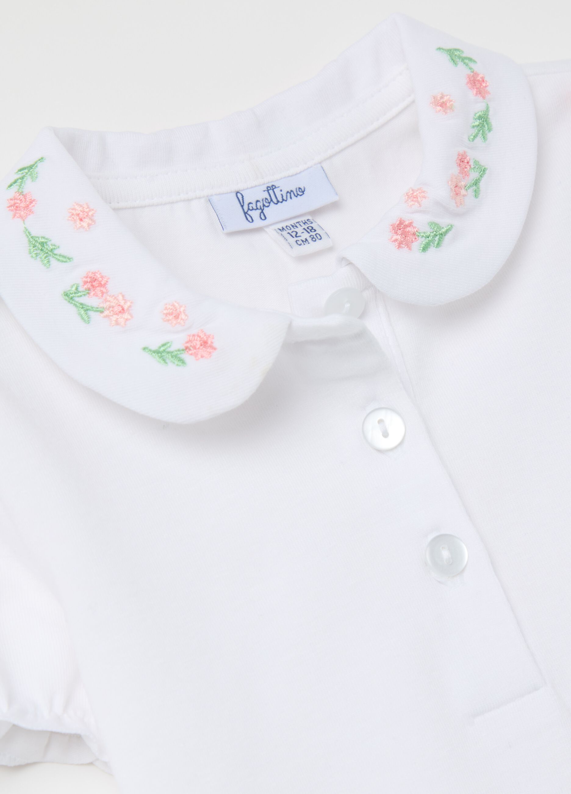 Stretch cotton polo shirt with flowers embroidery