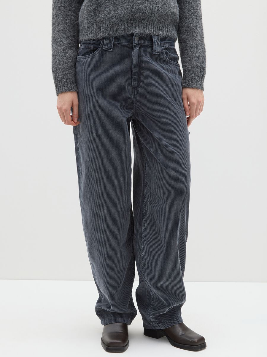 Pantaloni baggy blu scuro in puro cotone a coste relaxed fit_2