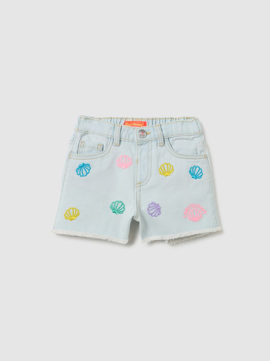 Girls' shorts in pure blue cotton regular fit with embroidery_0