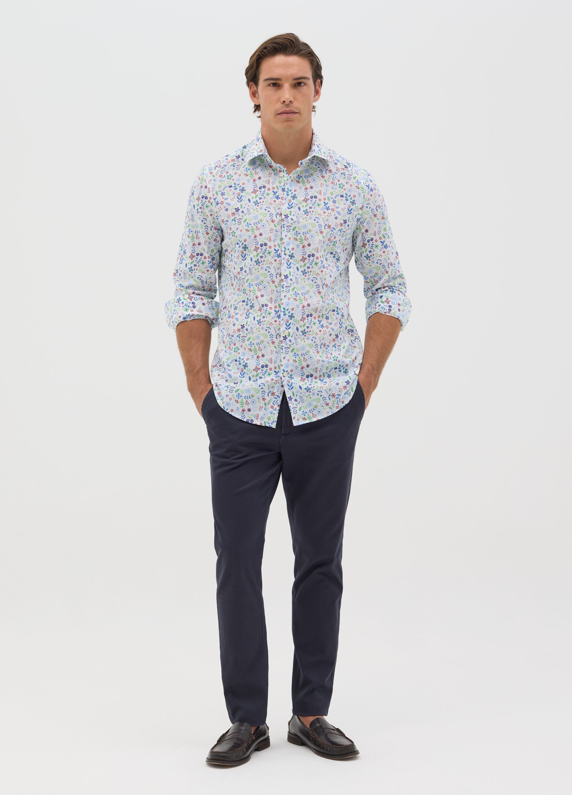 Slim Shirt with Multicolored Floral Pattern in Cotton