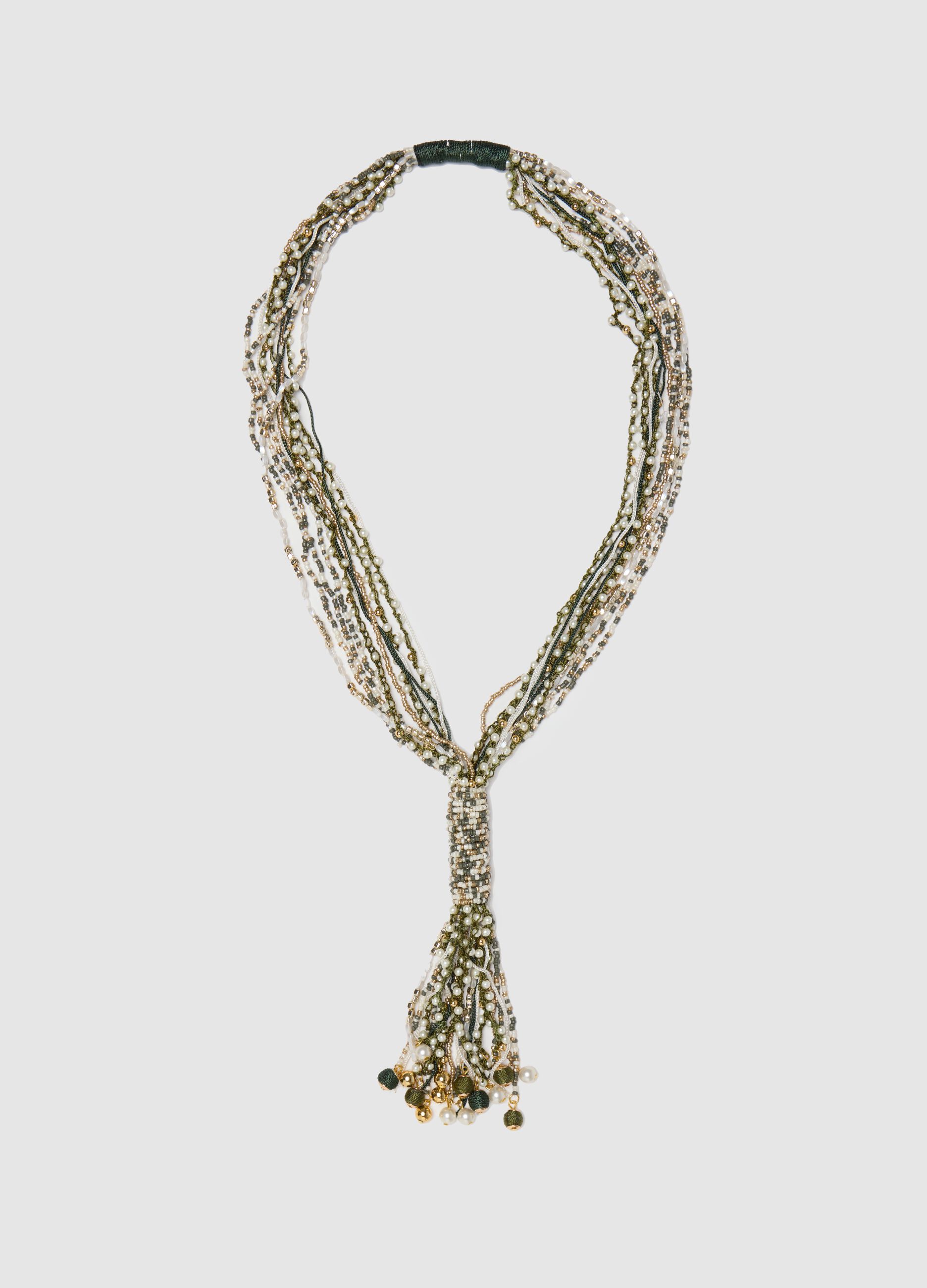 Green and gold multi-string necklace with knot
