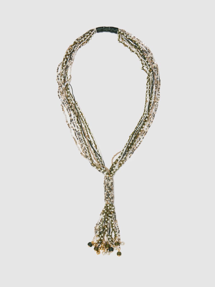 Green and gold multi-string necklace with knot_0