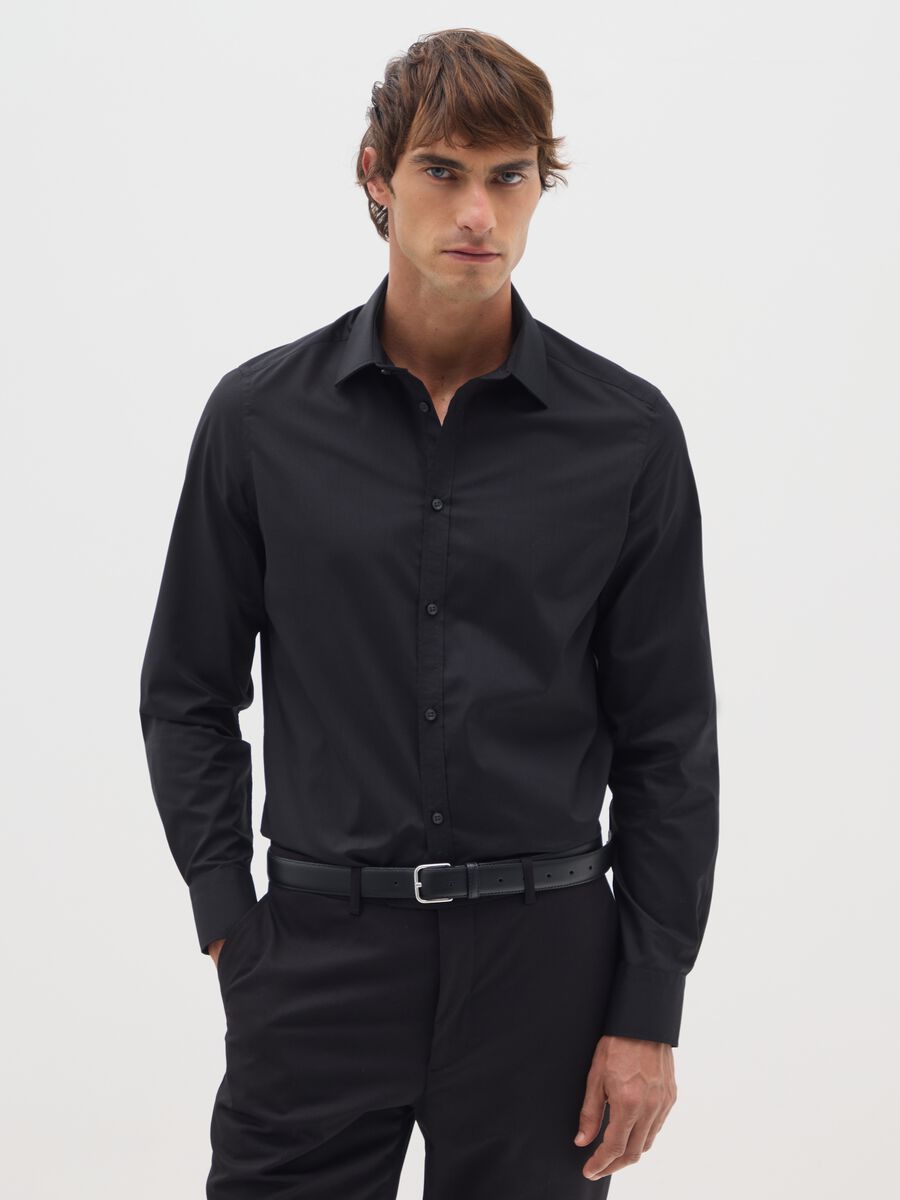 Black Long-Sleeve Shirt in Cotton and Polyester Blend_0