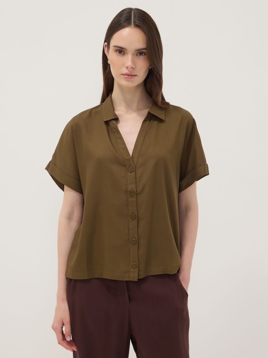 Camicia verde in pura viscosa a maniche corte over fit_0