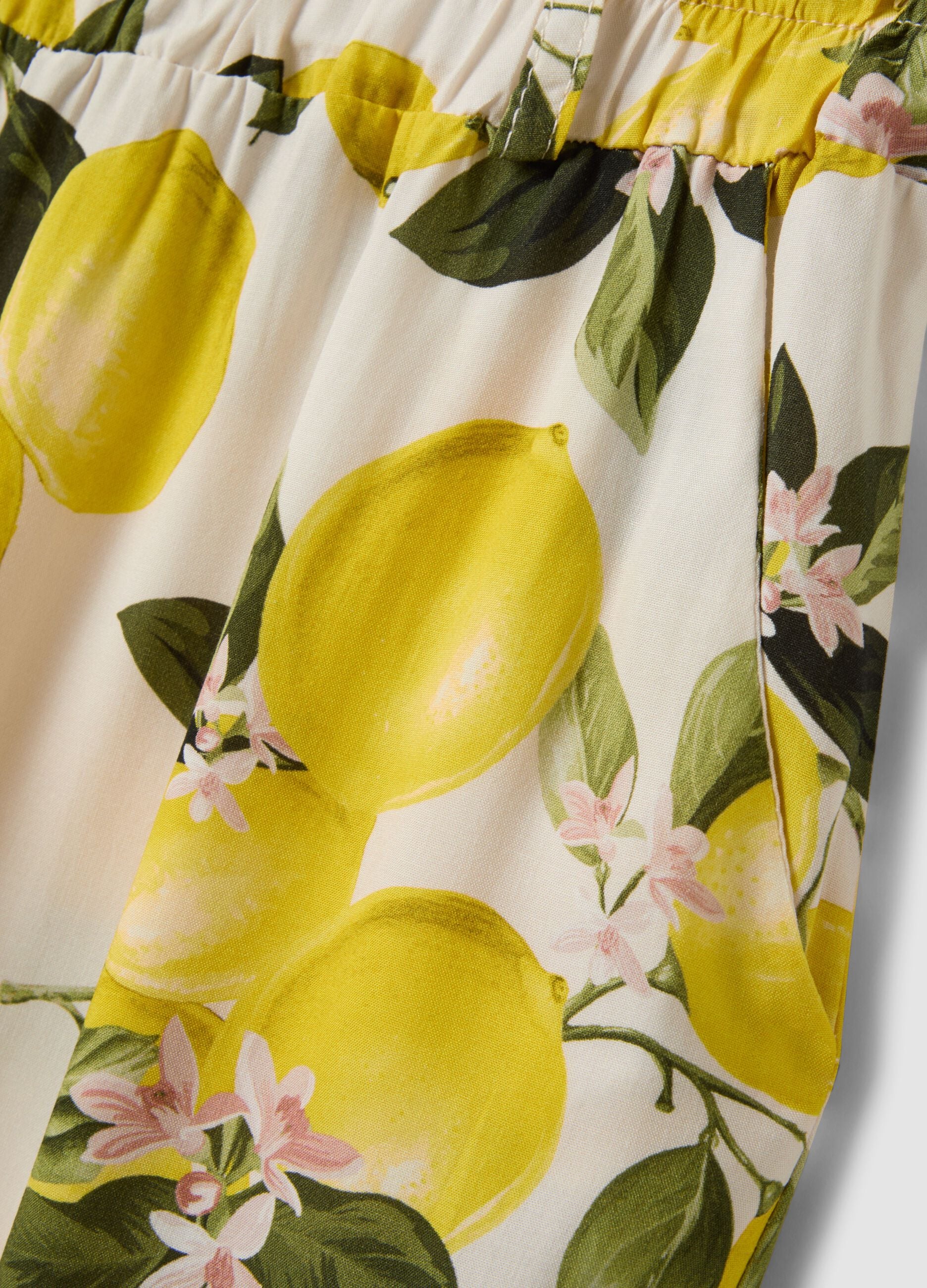 White pure viscose trousers with lemon print, regular fit