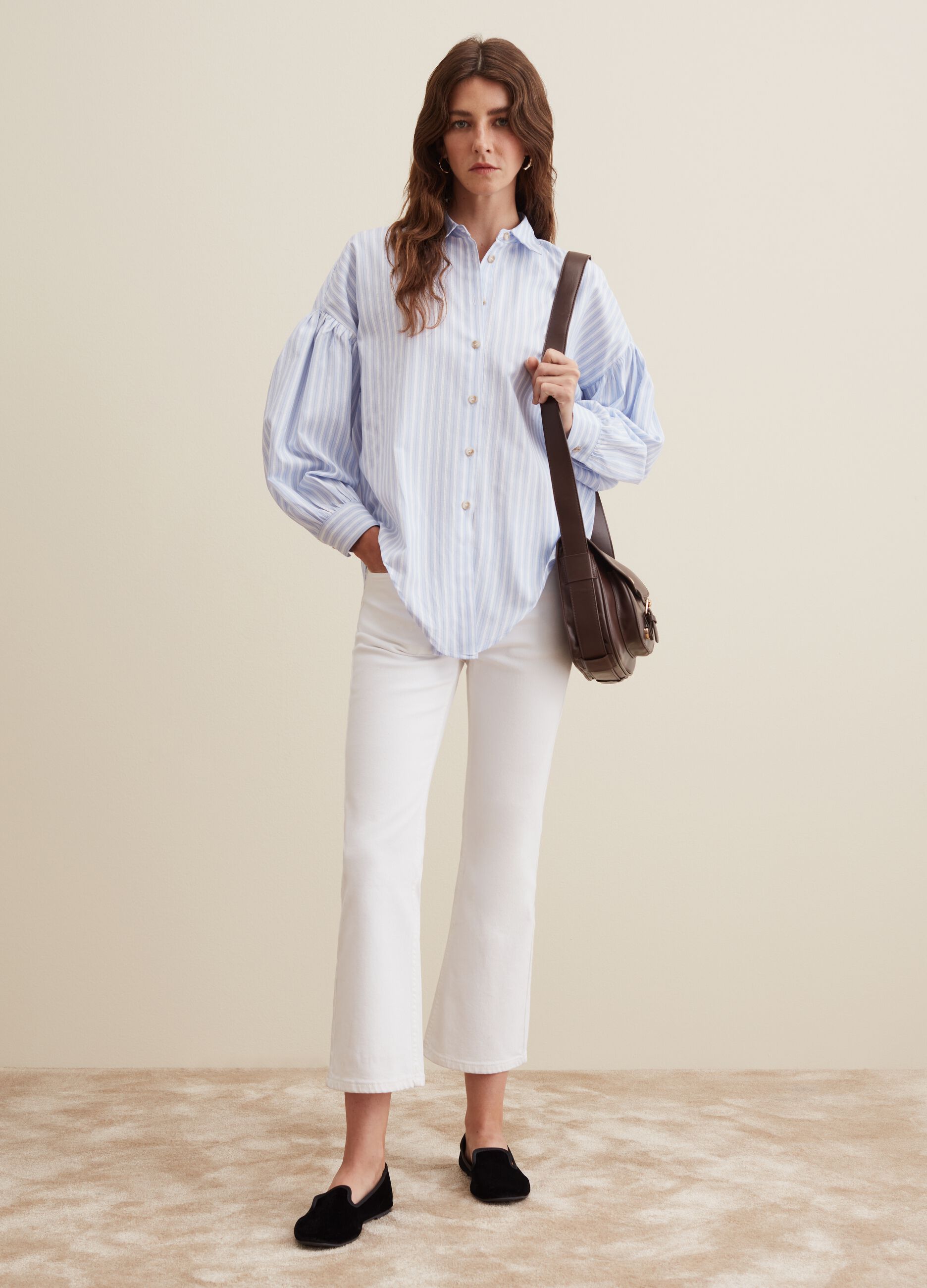 Camicia oversize a righe maniche a sbuffo_0