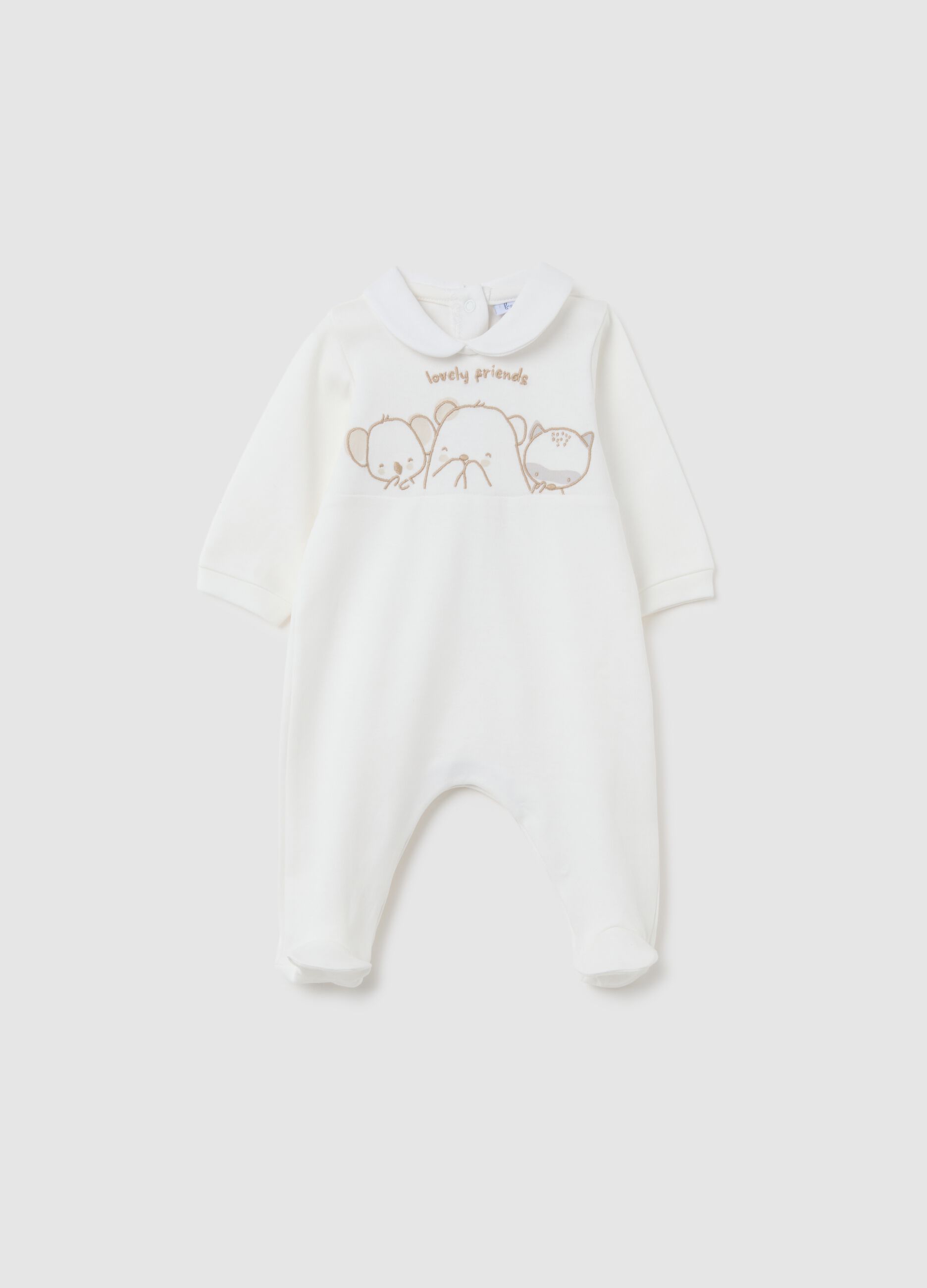 White baby romper in pure cotton with embroidery