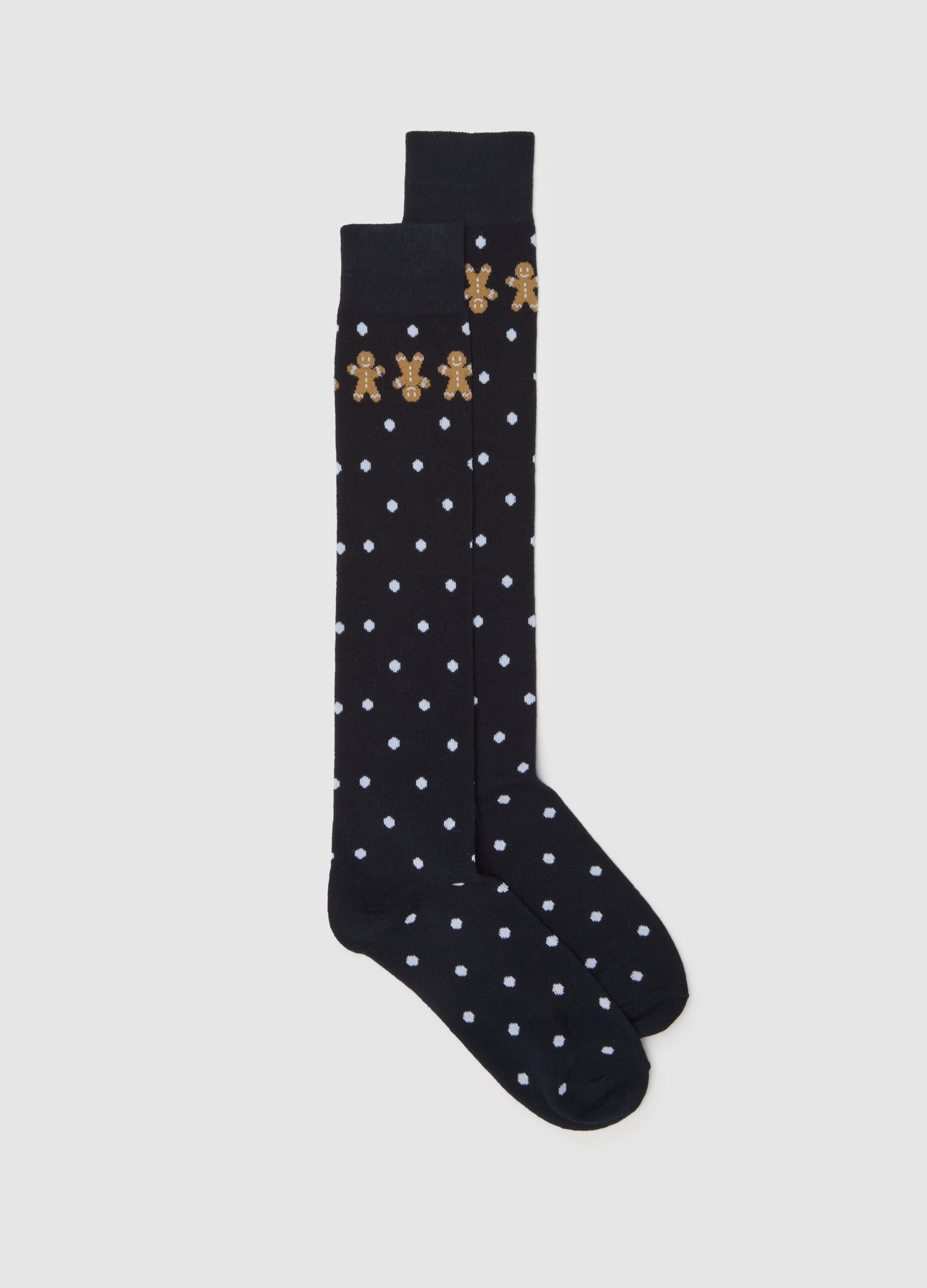 Blue polka dot cotton blend Christmas knee-high socks