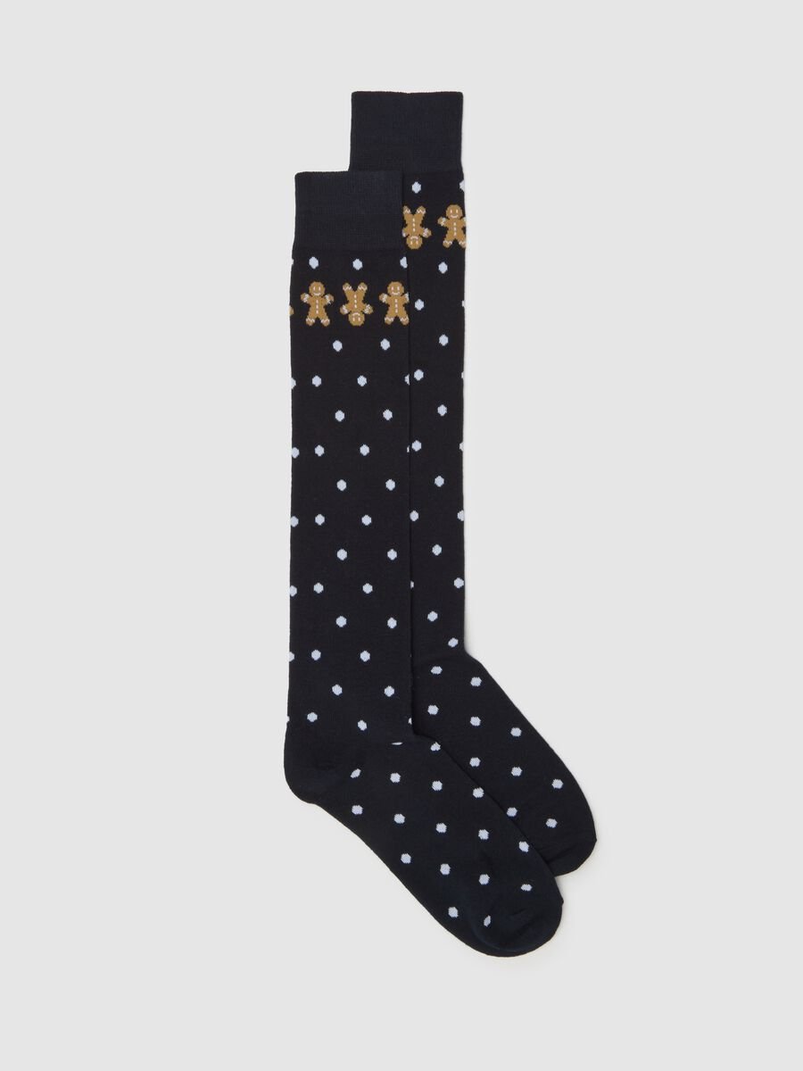 Blue polka dot cotton blend Christmas knee-high socks_0