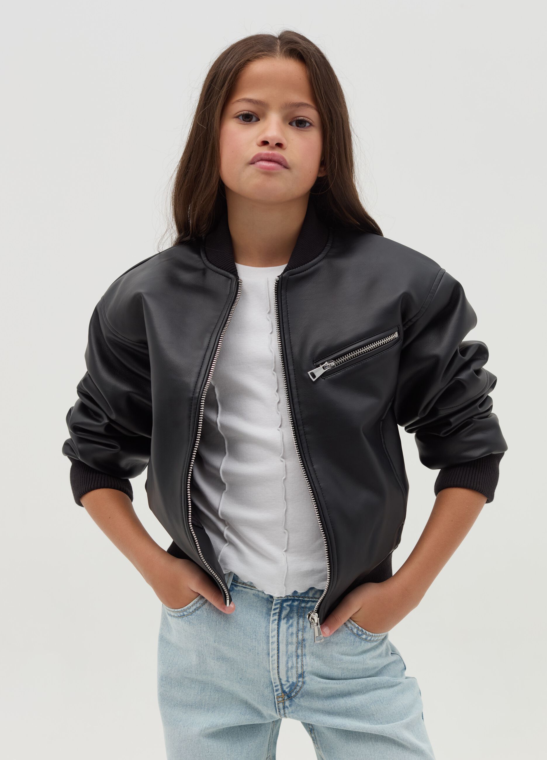 Glossy-effect full-zip bomber jacket