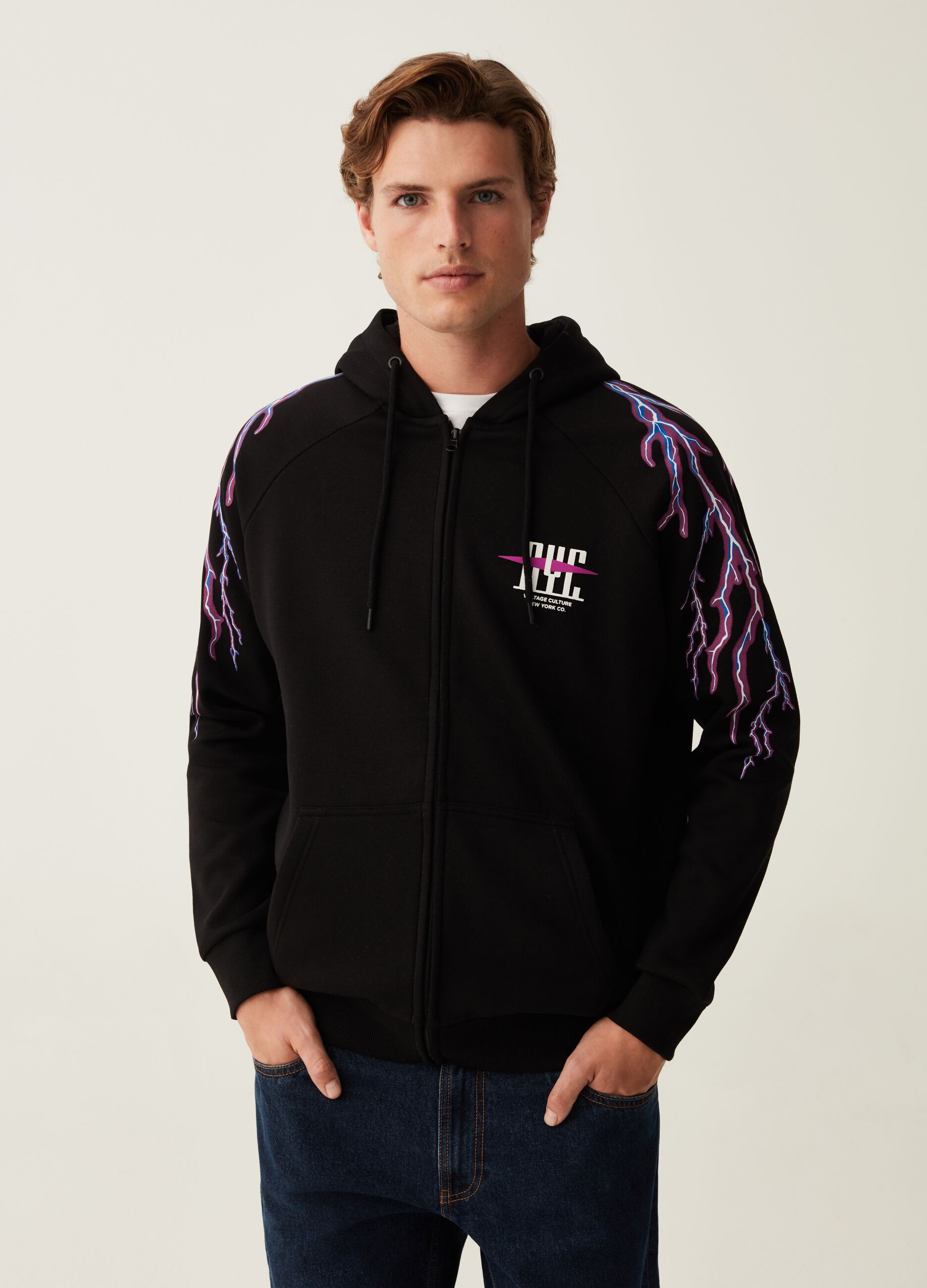 Full zip con cappuccio stampa fulmini Nero da Uomo OVS
