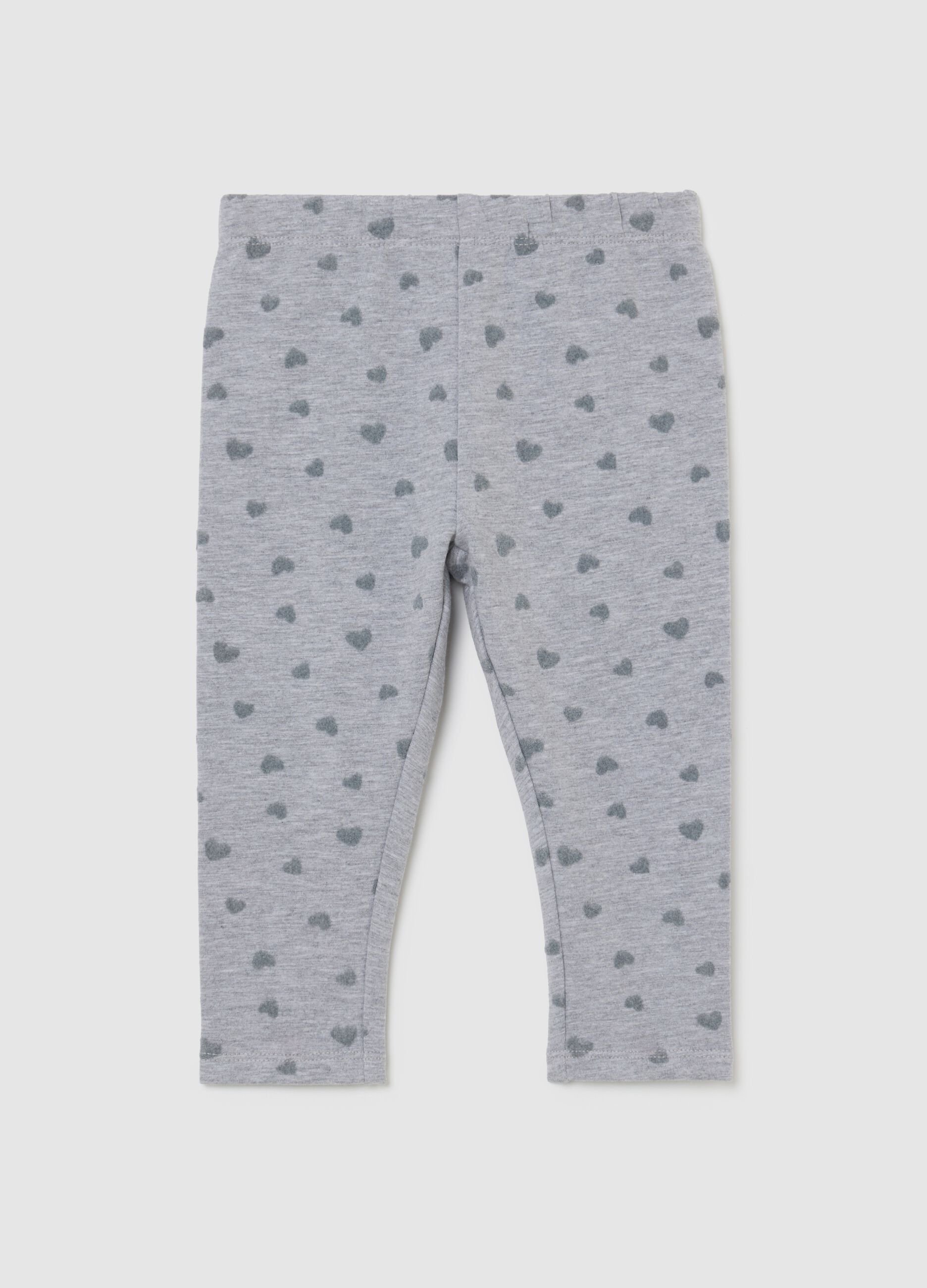 Grey girl's leggings in stretch cotton with heart prints