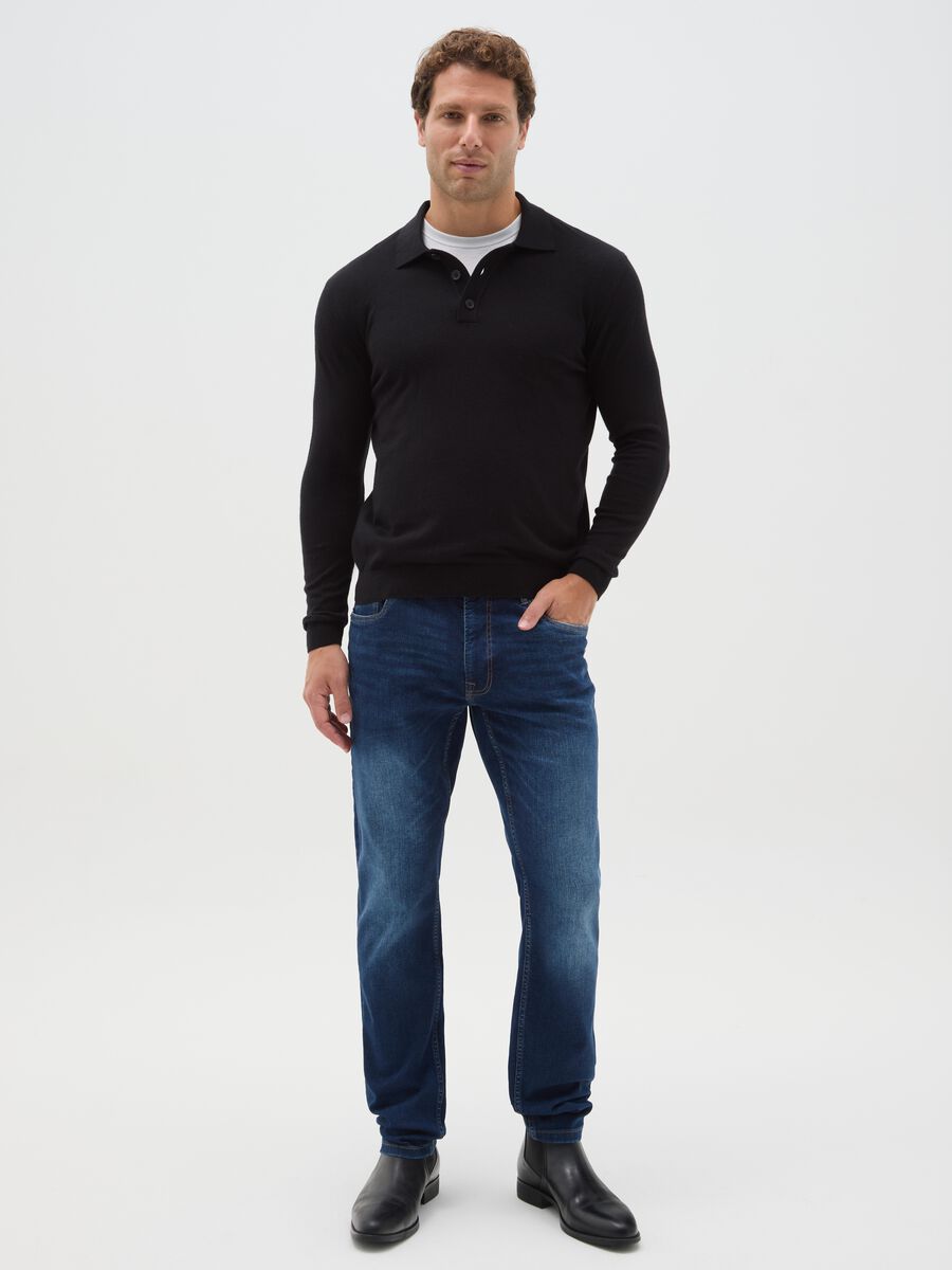Black long-sleeve polo in cotton and silk blend regular fit_1