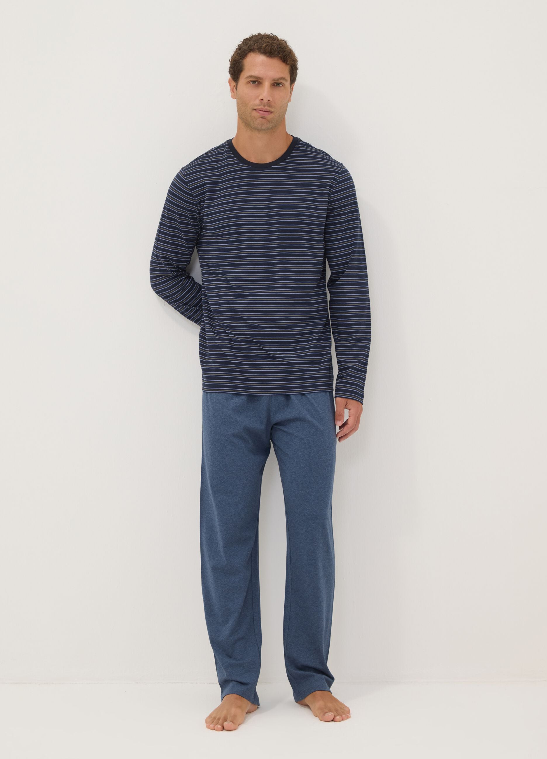 Navy blue striped pure organic cotton crew-neck pyjamas