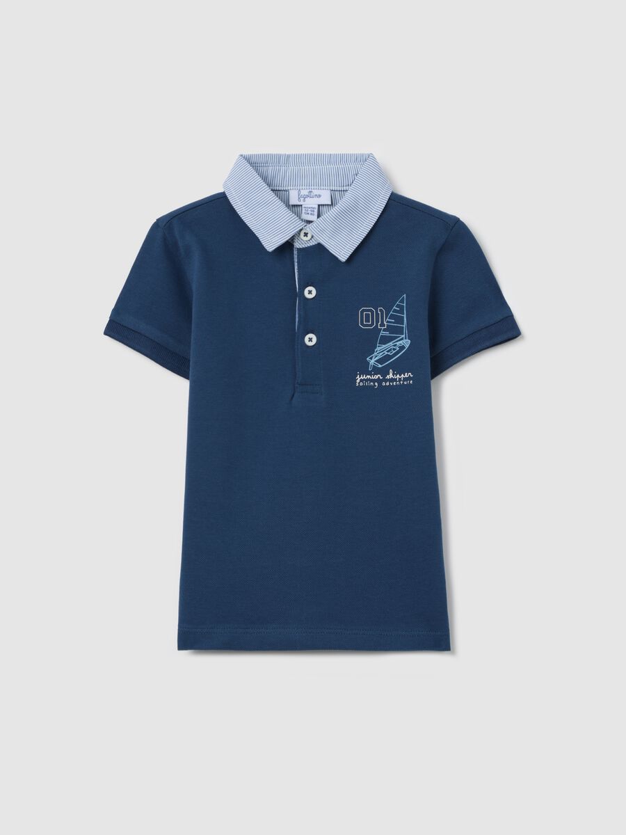 Blue stretch cotton polo shirt with sail boat design_0