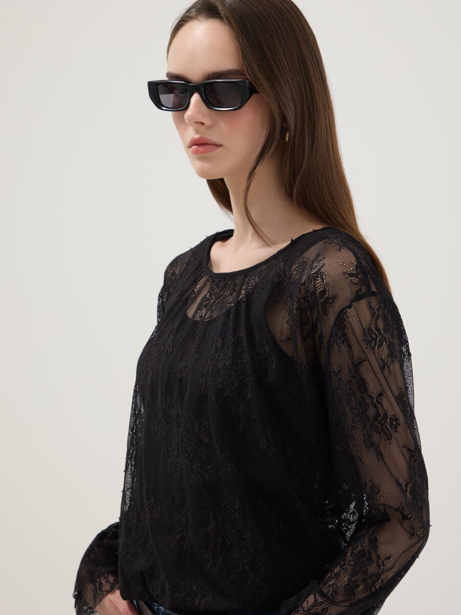 Black stretch blouse with sheer lace, regular fit_1