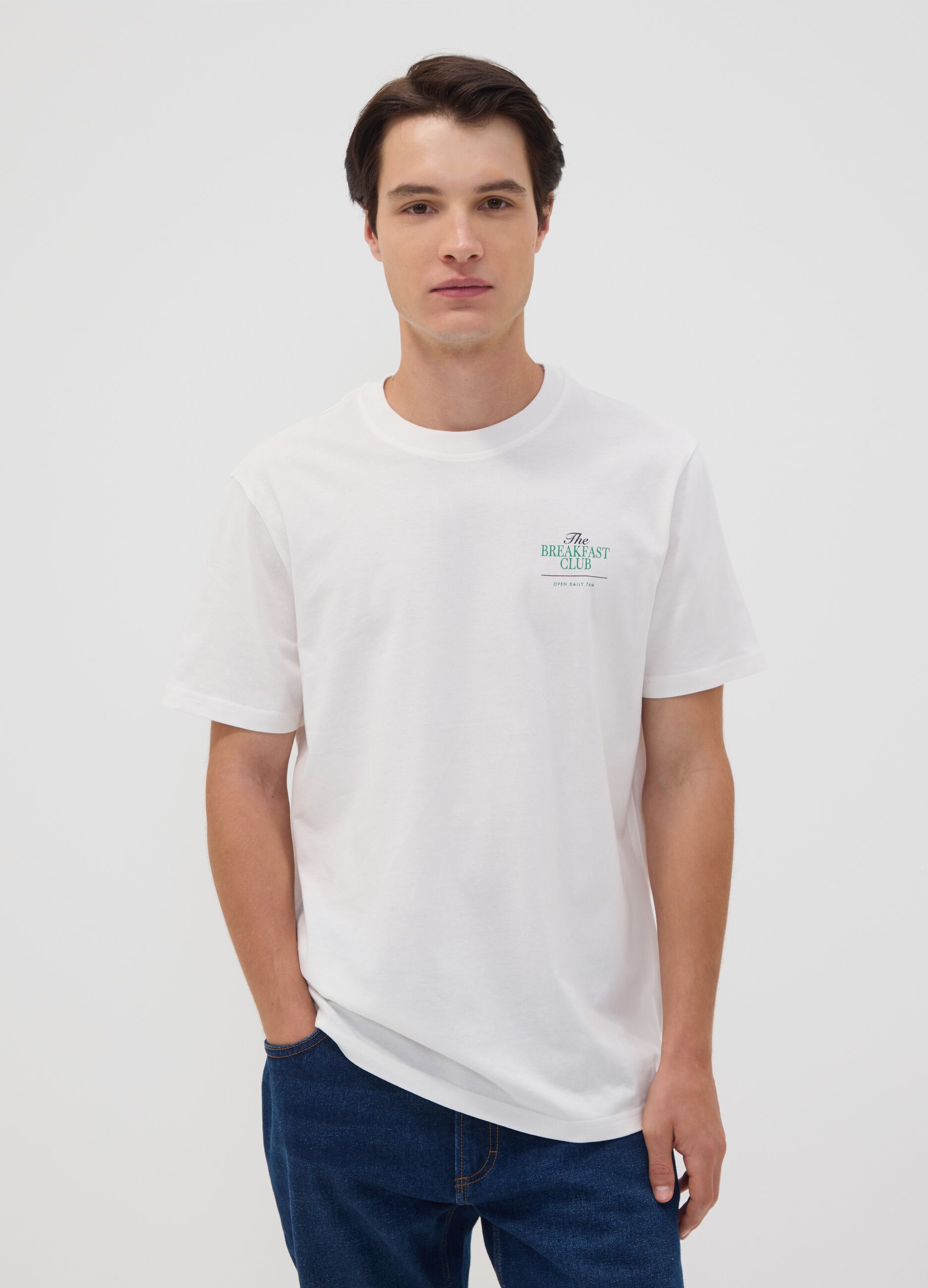 White pure cotton jersey T-shirt with print, regular fit
